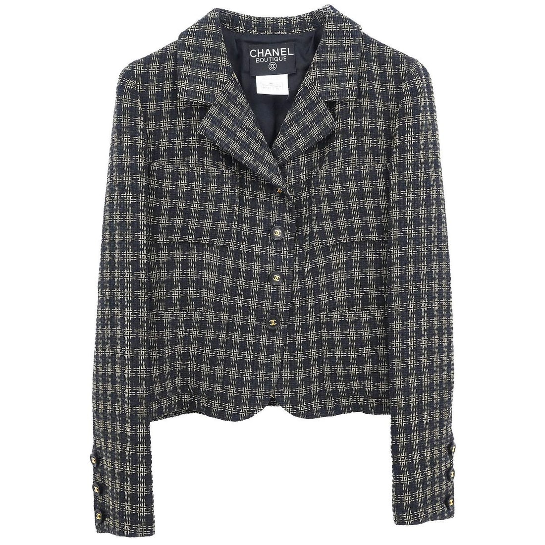 Black 95A Wool Blend Mid-Length Chanel Jacket Size 38: Black 95A Wool Blend Mid-Length Chanel Jacket Size 38 This vintage Chanel single-breasted jacket features a mid-length design and long sleeves, crafted from a high-quality blend of 65% wool, 30% acryl