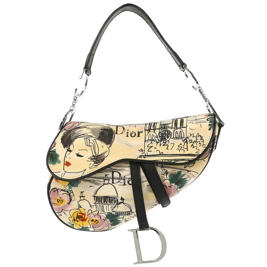 Dior Saddle Medium Shoulder Bag Beige Canvas Leather by John Galliano 06-RU-0035: Dior Saddle Medium Shoulder Bag Beige Canvas Leather by John Galliano 06-RU-0035 This Christian Dior Saddle handbag, designed by John Galliano, features a beige canvas and leather exterior with a medi