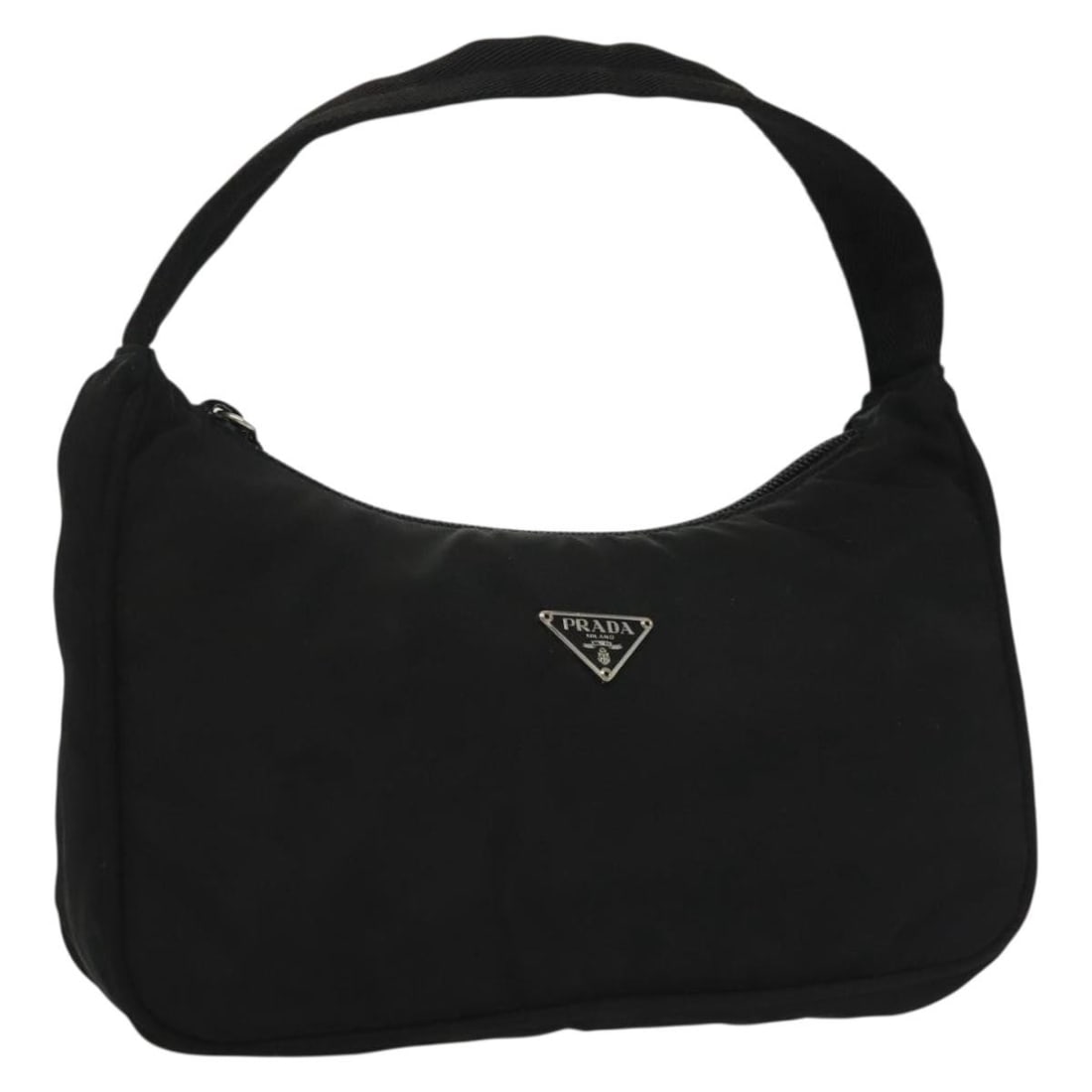 Black Nylon Prada Hobo Bag 23cm by 14cm by 7cm: Black Nylon Prada Hobo Bag 23cm by 14cm by 7cm This Prada Hobo bag for women features black nylon material with metal fittings. The bag shows signs of wear including rubbing, slight stains, scratches