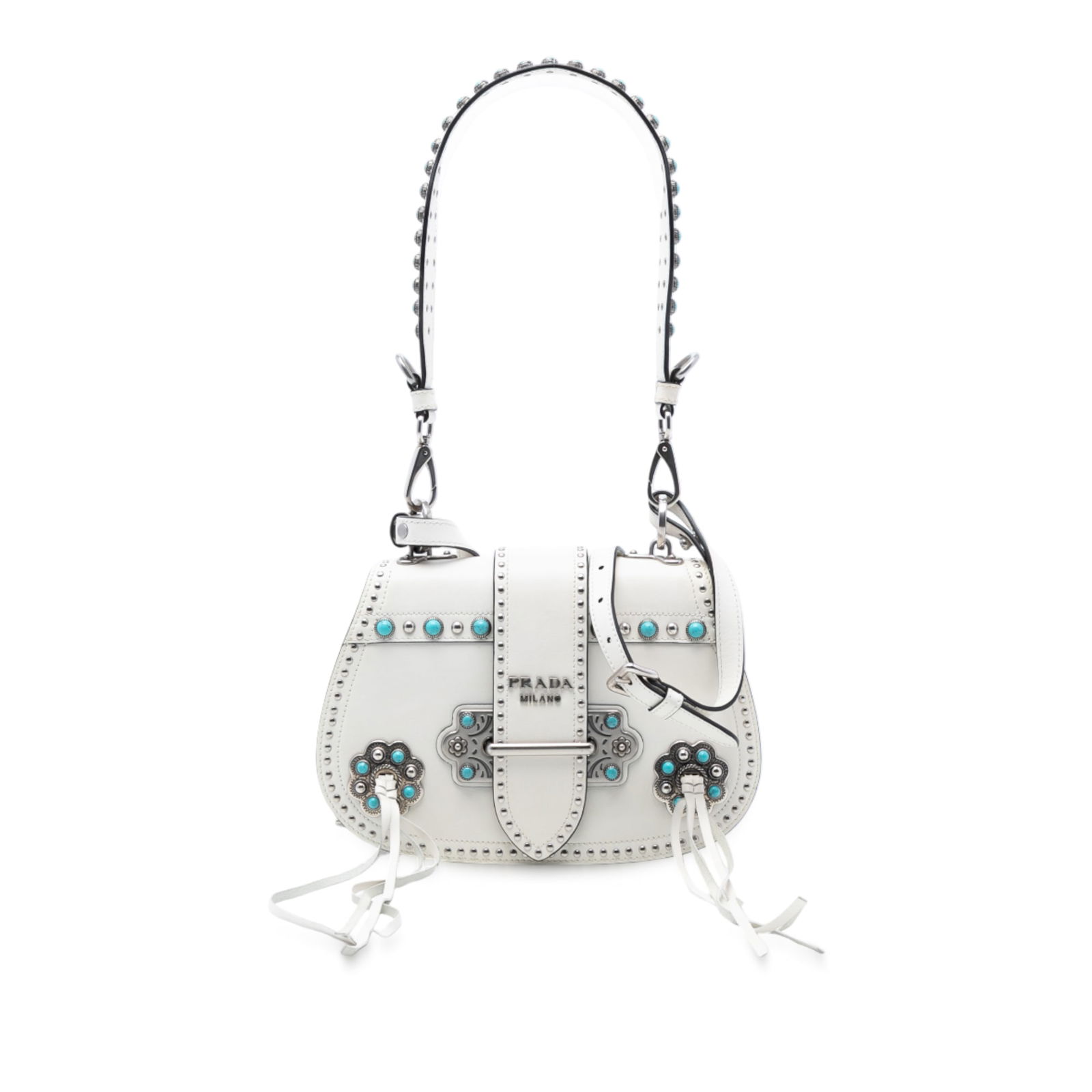 Prada Folk Corsiere Leather Satchel with Studded Detailing: Prada Folk Corsiere Leather Satchel with Studded Detailing This Prada City Calf Studded Folk Corsiere Satchel features a white leather body adorned with stud embellishments. It is designed with a stud