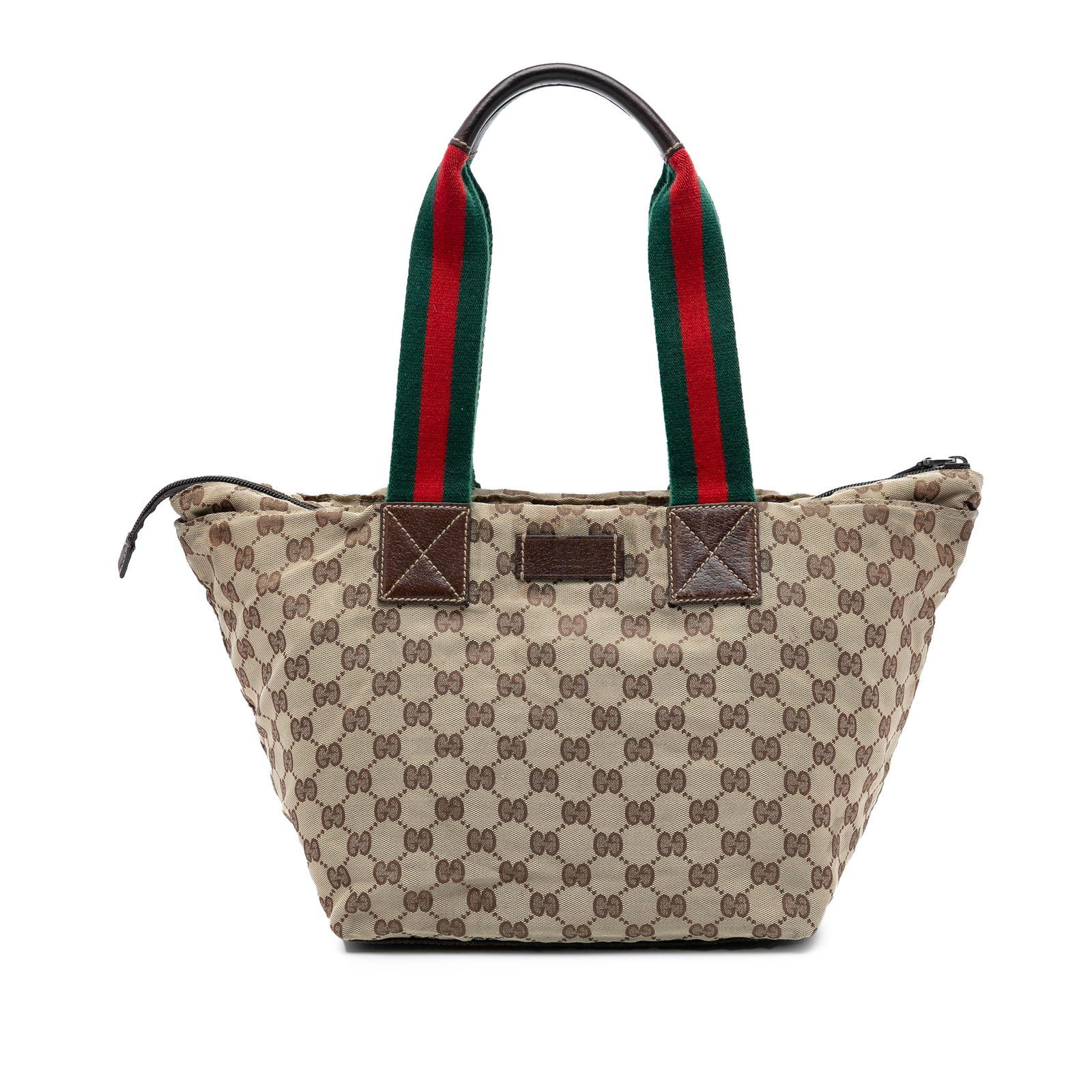 Brown GG Canvas Web Tote by Gucci with Leather Trim: Brown GG Canvas Web Tote by Gucci with Leather Trim This tote bag features a canvas body with leather trim, flat web straps, a top zip closure, and interior zip and slip pockets. The bag shows signs o