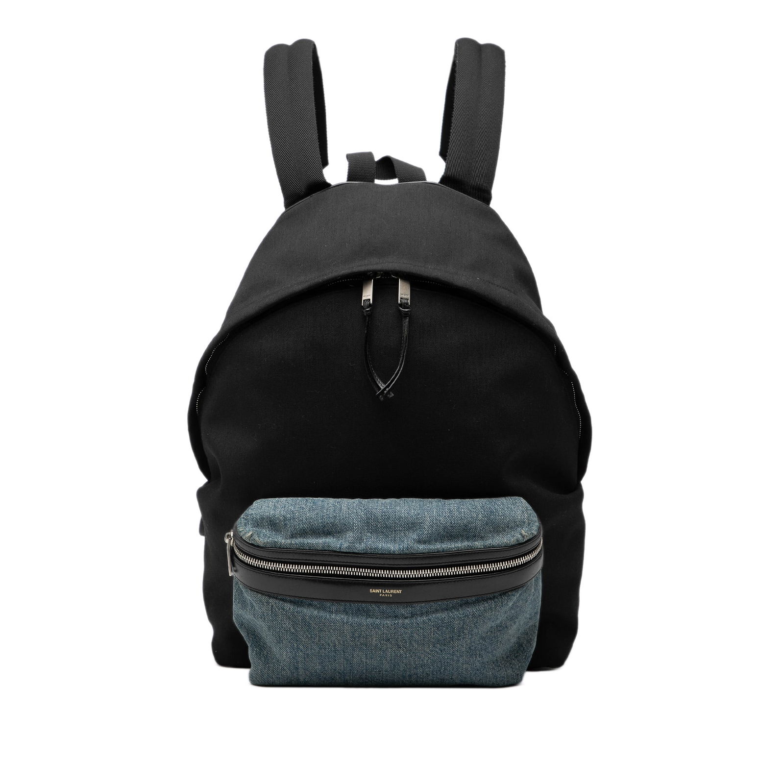 Saint Laurent Hunting Backpack in Nylon and Denim with Leather Trim: Saint Laurent Hunting Backpack in Nylon and Denim with Leather Trim This Saint Laurent Classic Hunting Backpack combines nylon and denim with leather trim for a distinctive look. It features a flat to