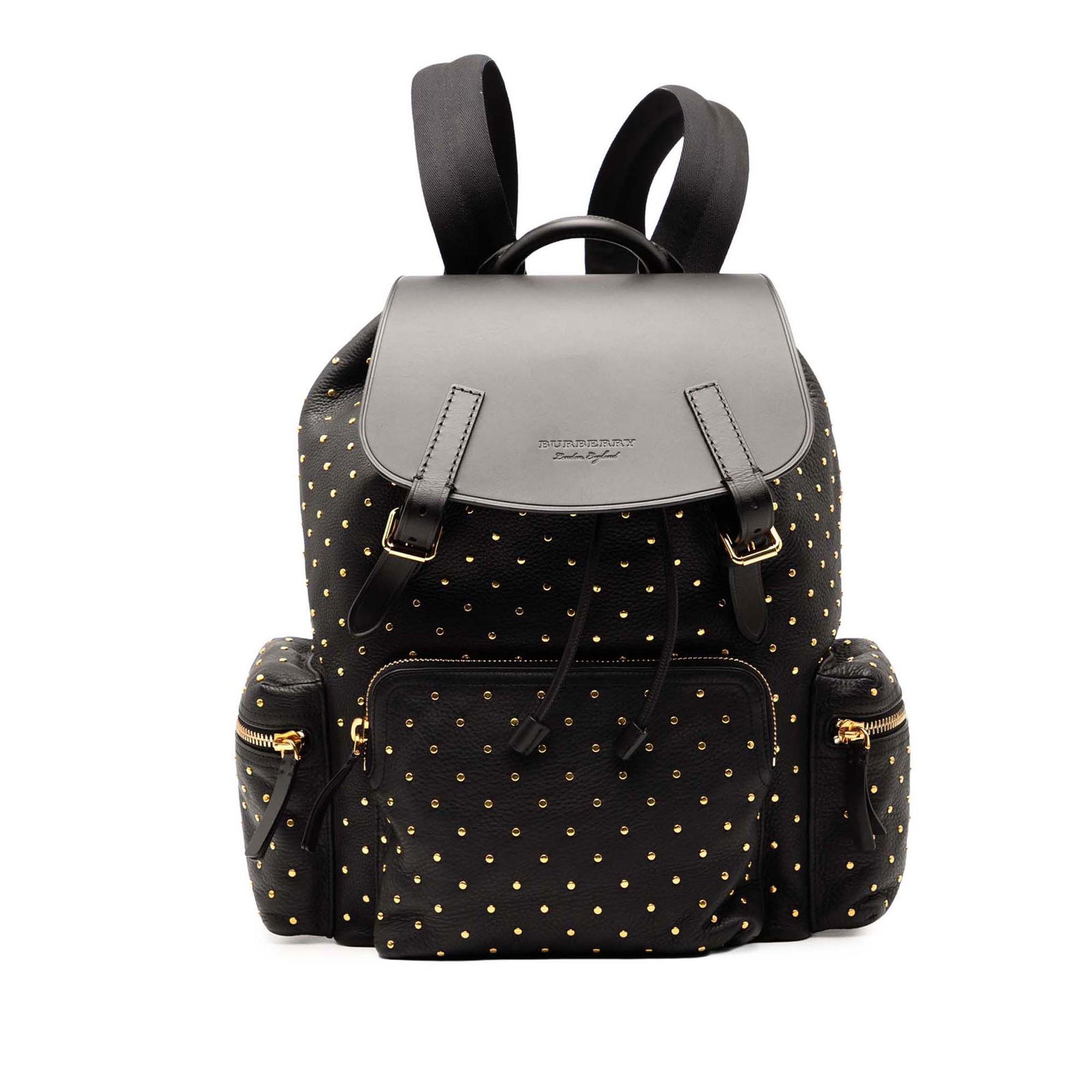 Burberry Black Leather Studded Rucksack Backpack: Burberry Black Leather Studded Rucksack Backpack Elevate your style with the Burberry Leather Studded Rucksack Backpack, designed for both functionality and flair. This striking backpack features a st
