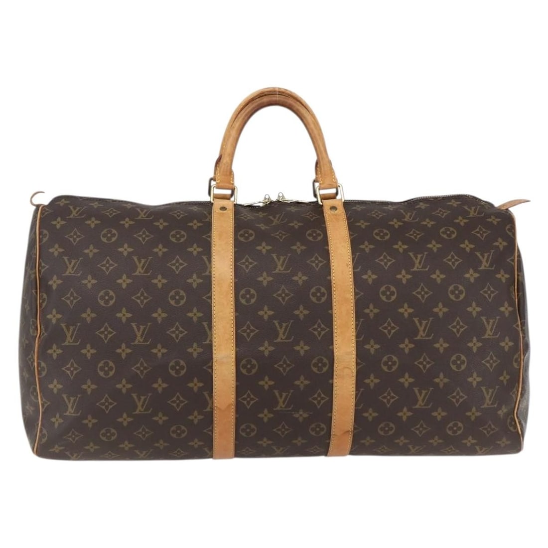 Monogram Canvas Louis Vuitton Keepall Travel Bag 55cm: Monogram Canvas Louis Vuitton Keepall Travel Bag 55cm This Louis Vuitton Keepall bag features the classic brown monogram canvas design crafted for unisex use. It displays signs of wear including surfa
