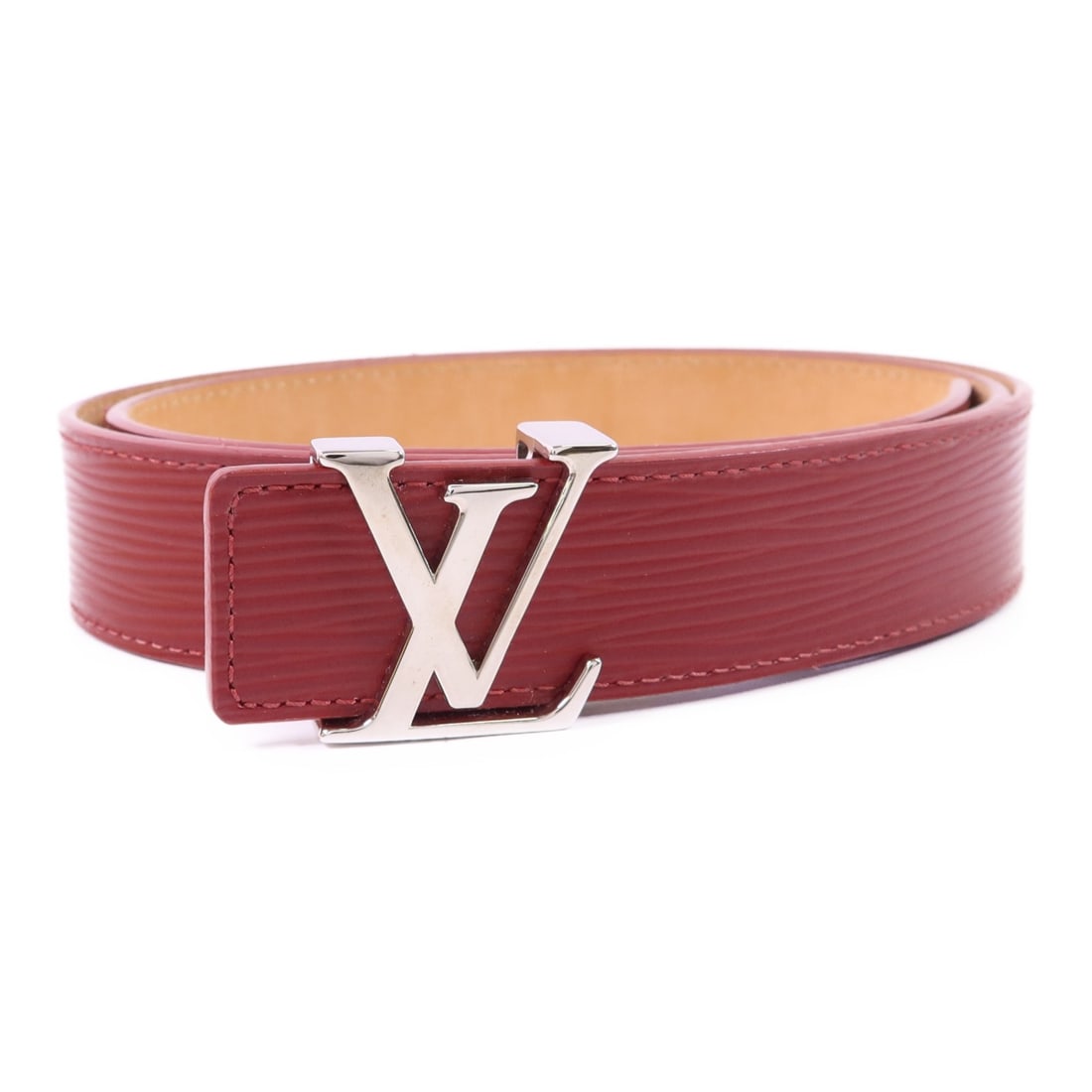 Epi Red Calfskin Belt with Silver Hardware by Louis Vuitton M9805: Epi Red Calfskin Belt with Silver Hardware by Louis Vuitton M9805 This Louis Vuitton belt features red Epi calfskin leather and showcases silver-tone hardware. Crafted in France, it is designed in siz