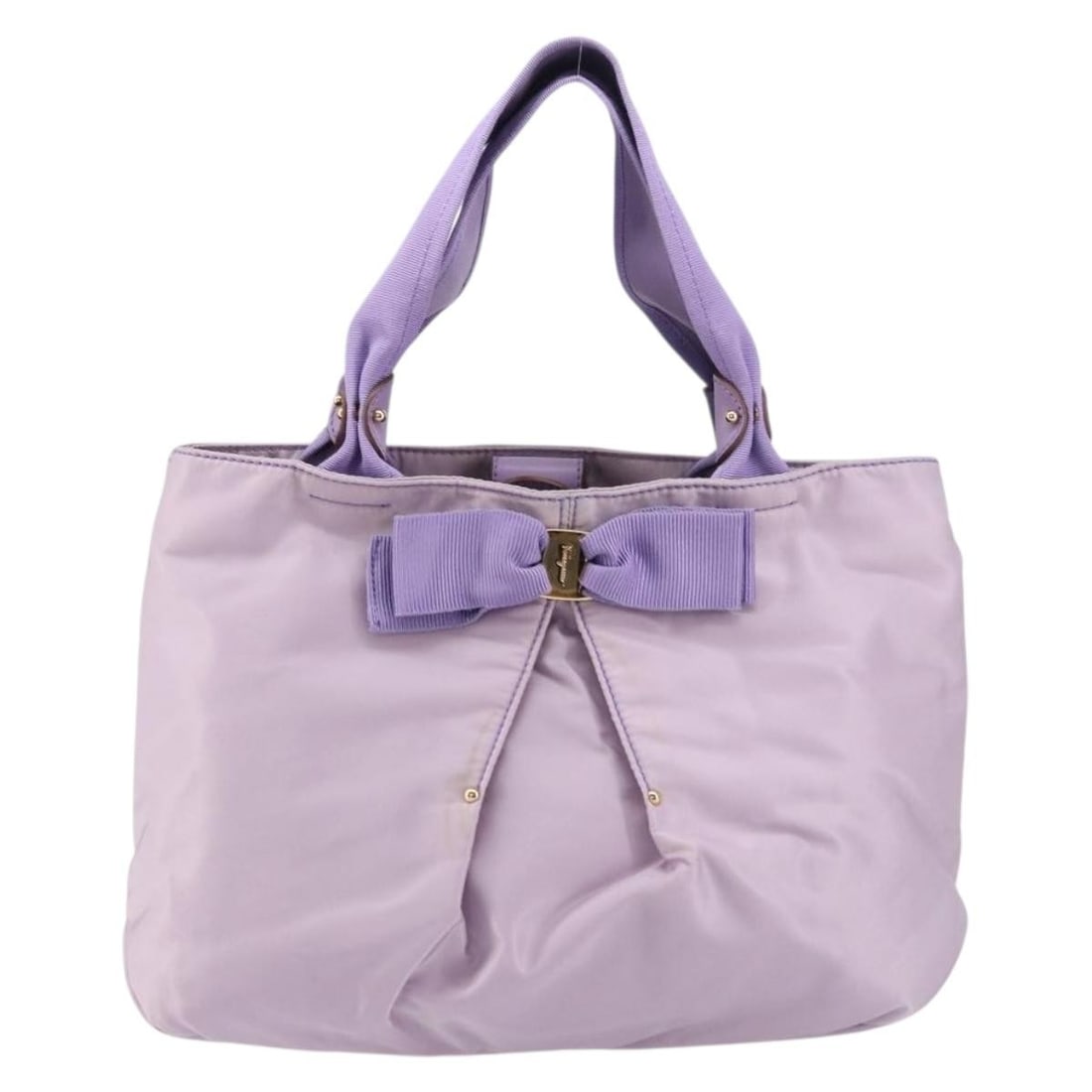 Salvatore Ferragamo Vala Purple Nylon Tote Bag 36cm by 25cm by 12cm: Salvatore Ferragamo Vala Purple Nylon Tote Bag 36cm by 25cm by 12cm This Salvatore Ferragamo Vala tote for women features a purple nylon exterior with signs of wear including shape loss, rubbing, stai