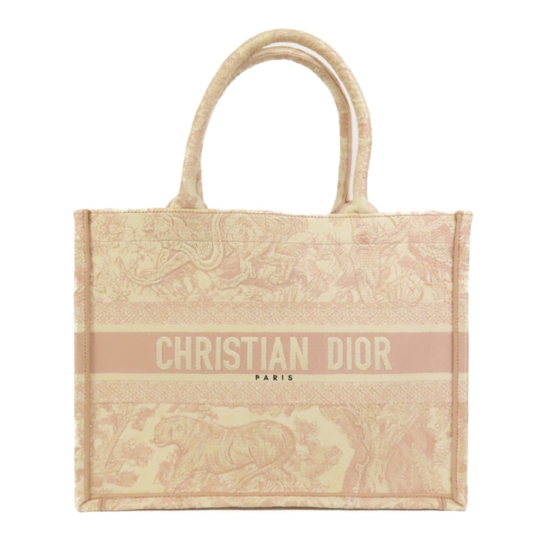 Dior Medium Book Tote Canvas Handbag in Pink and White: Dior Medium Book Tote Canvas Handbag in Pink and White This Christian Dior Book Tote Medium handbag features a pink and white canvas exterior, designed in a classic tote style. Made in France, it offe