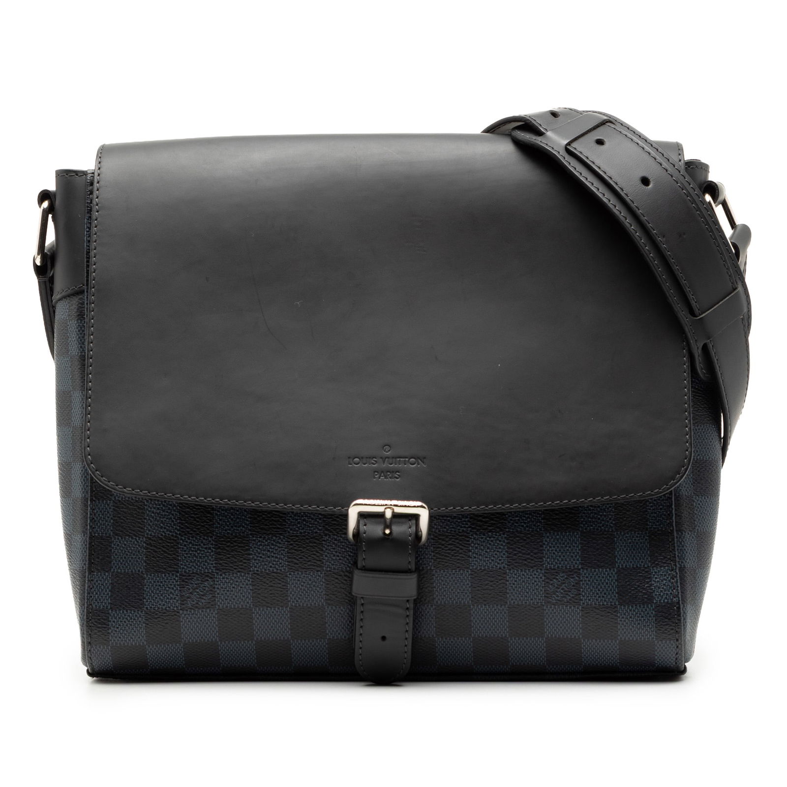 Damier Cobalt Newport PM Messenger Bag by Louis Vuitton: Damier Cobalt Newport PM Messenger Bag by Louis Vuitton This Louis Vuitton Damier Cobalt Newport Messenger PM features a fabric body with leather accents, a front flap with buckle detail and magnetic