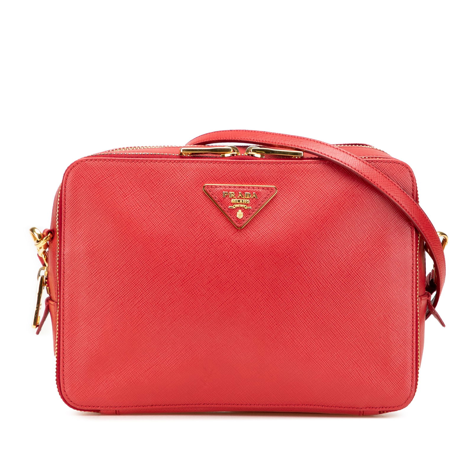 Prada Saffiano Double Zip Red Leather Crossbody Bag: Prada Saffiano Double Zip Red Leather Crossbody Bag Introducing the Prada Saffiano Double Zip Crossbody, a sophisticated accessory crafted from premium saffiano leather. This stylish bag features a de