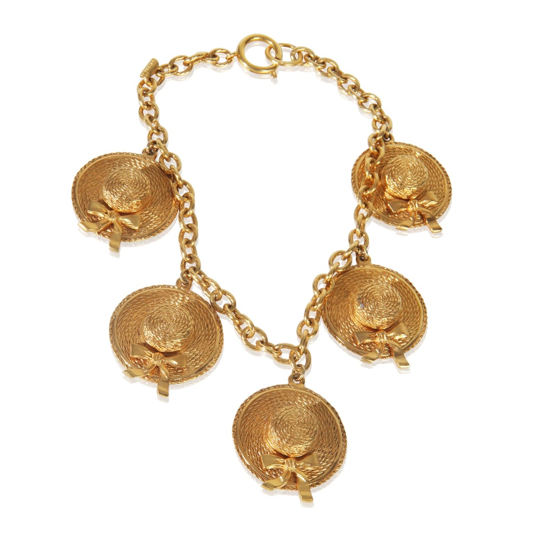 Chanel Vintage Gold-Plated Sunhat Charm Necklace 15 in: Chanel Vintage Gold-Plated Sunhat Charm Necklace 15 in This exquisite vintage Chanel necklace features a charming sunhat design, perfect for adding a touch of elegance to any outfit. Crafted from gold