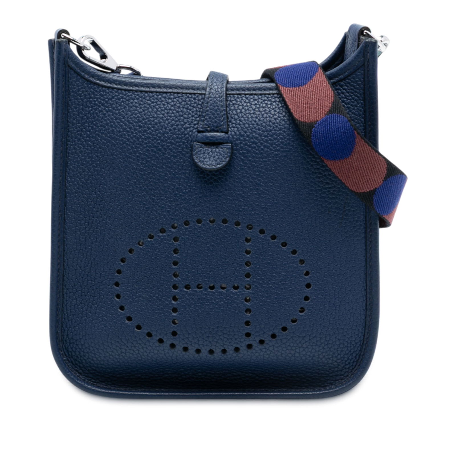 Hermes Evelyne TPM Blue Leather Bag with Clemence Flipperball Canvas Strap: Hermes Evelyne TPM Blue Leather Bag with Clemence Flipperball Canvas Strap The Evelyne TPM features a blue leather body with a flat canvas Flipperball print strap and an open top secured by a strap an