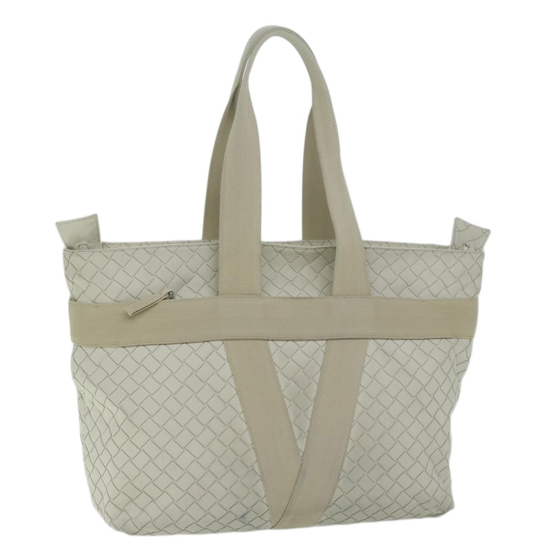White Zipped Tote Bag by Bottega Veneta with Intrecciato Rubber and Canvas: White Zipped Tote Bag by Bottega Veneta with Intrecciato Rubber and Canvas This Bottega Veneta Zipped Tote is crafted in white leather with the brand's signature Intrecciato design and features canvas