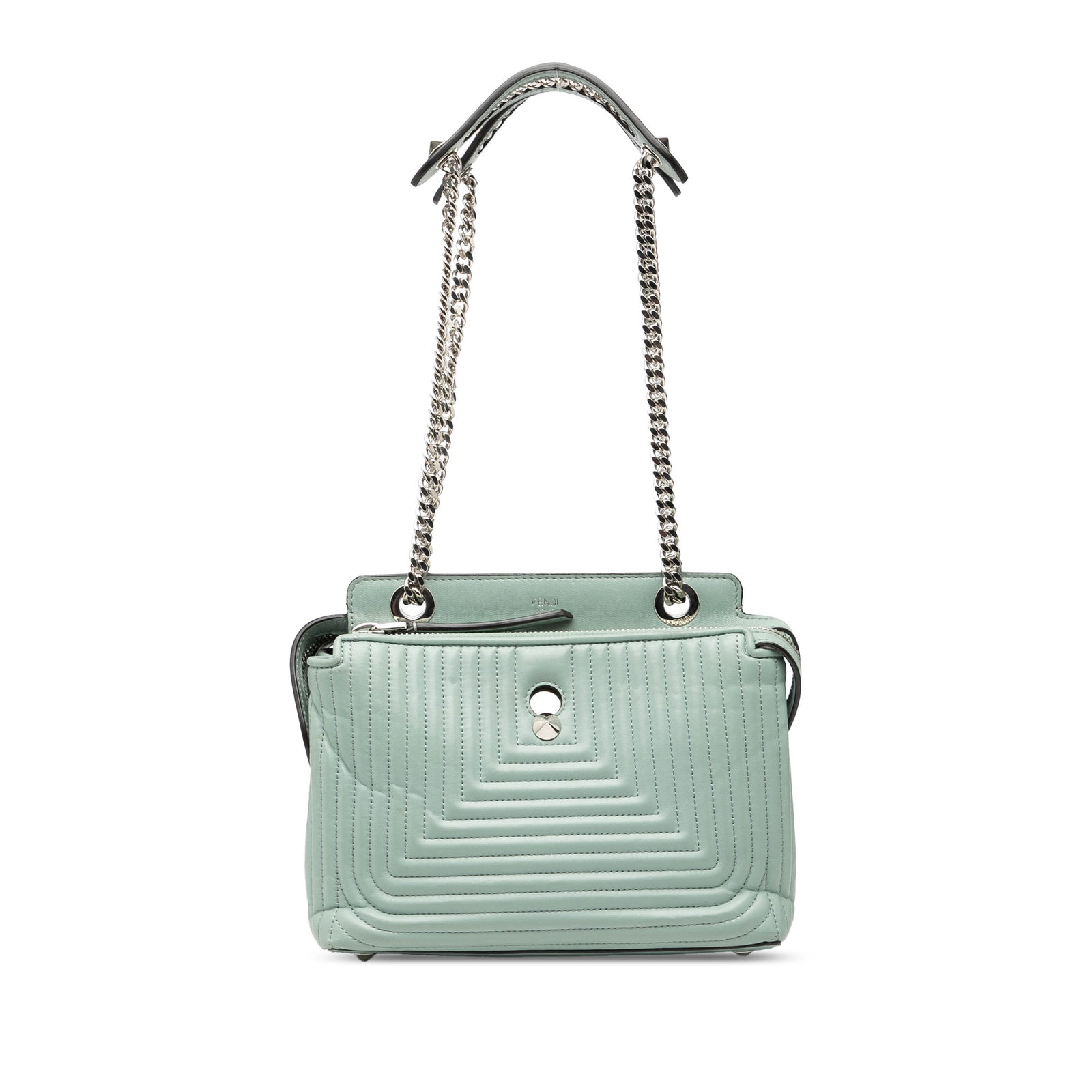 Fendi DotCom Click Green Quilted Lambskin Small Chain Shoulder Bag: Fendi DotCom Click Green Quilted Lambskin Small Chain Shoulder Bag This Fendi Small Lambskin DotCom Click Shoulder Bag features a quilted lambskin leather body in green, complemented by chain link str