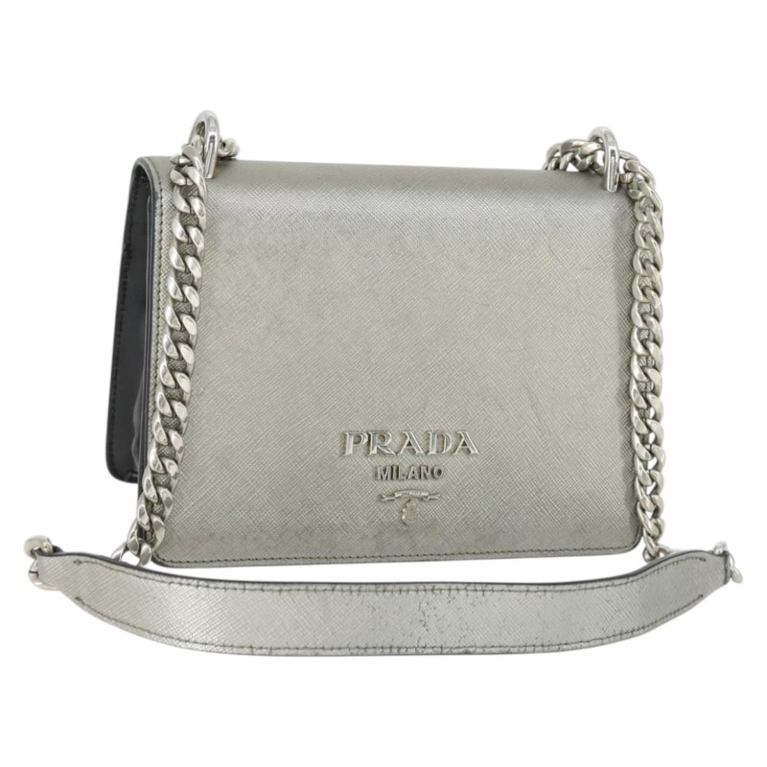 Prada Saffiano Leather Silver Shoulder Bag with Dust Bag and Card (1 of 18)