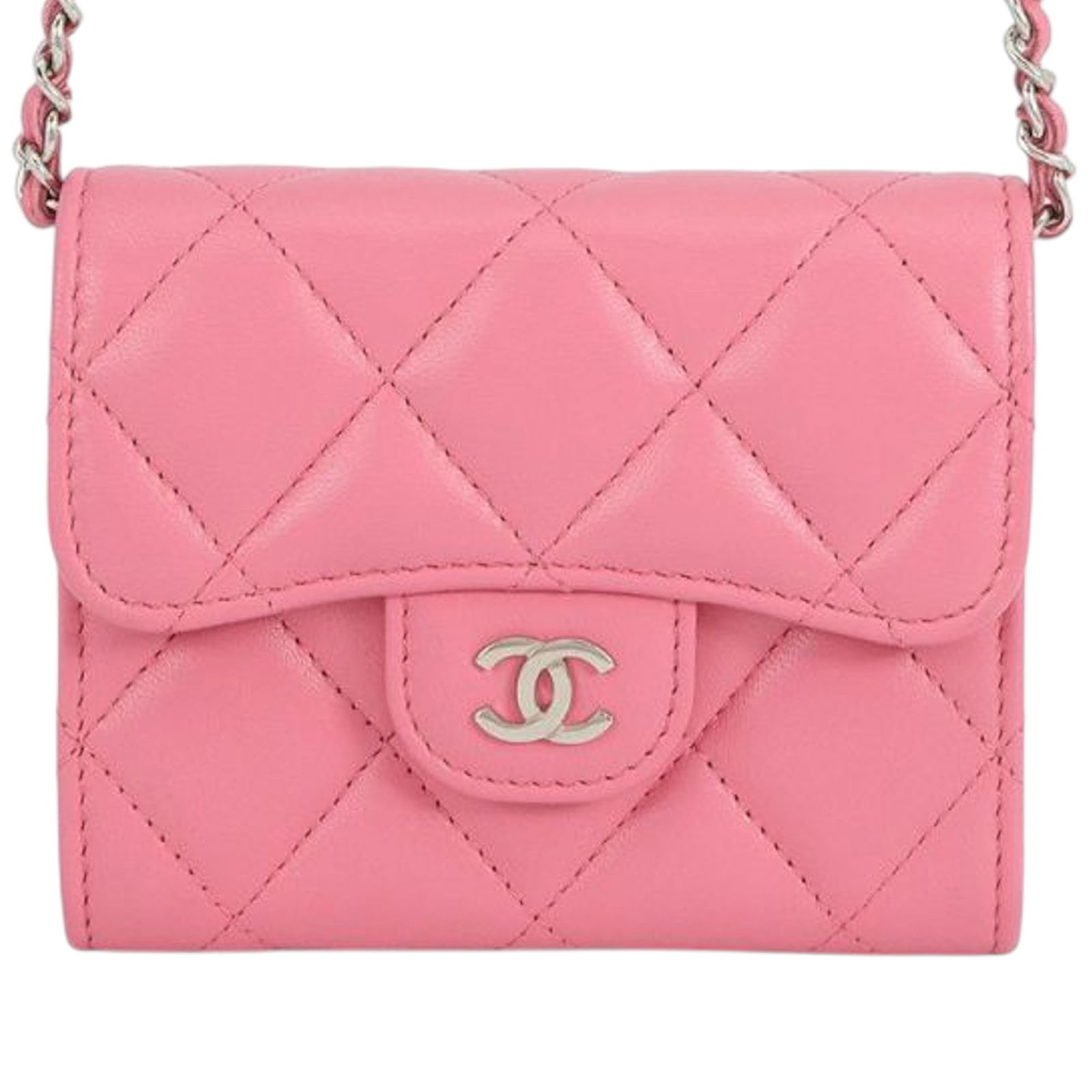 Chanel Pink Lambskin Quilted Chain Card Holder with Flap (1 of 14)