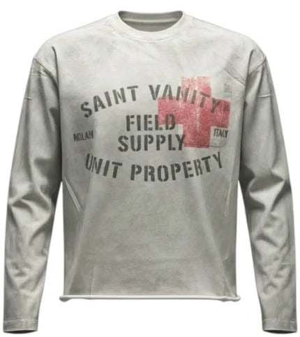 Field Supply Graphic Long Sleeve Cotton Shirt in Vintage White by Saint Vanity: Field Supply Graphic Long Sleeve Cotton Shirt in Vintage White by Saint Vanity The Saint Vanity Field Supply Longsleeve White Tee offers a blend of streetwear style and everyday comfort. Made from sof