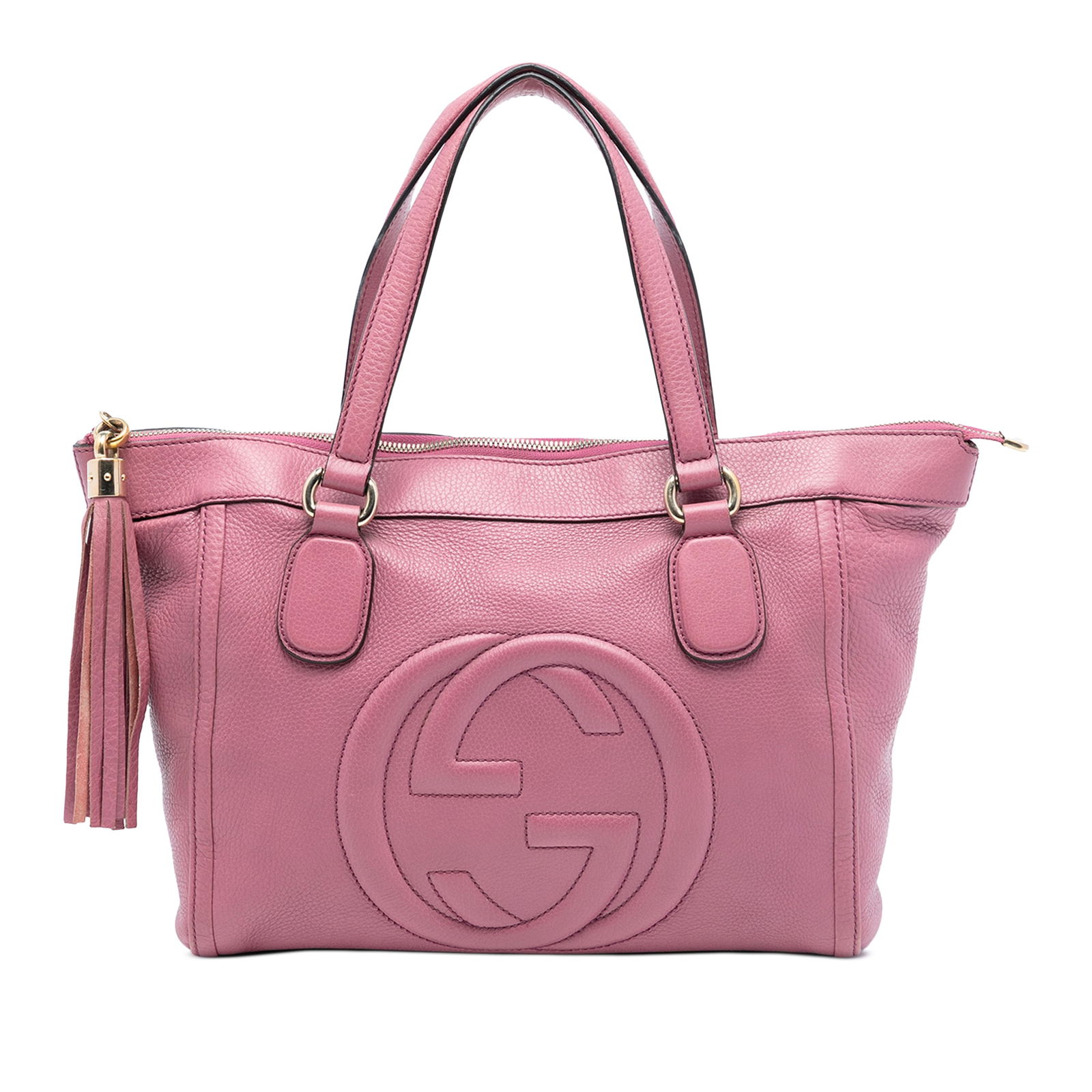 Pink Small Soho Tote Bag with Leather Tassel by Gucci: Pink Small Soho Tote Bag with Leather Tassel by Gucci This Gucci Small Leather Soho Working Tote features a pink leather body with flat leather handles and a top zip closure adorned with a leather tas