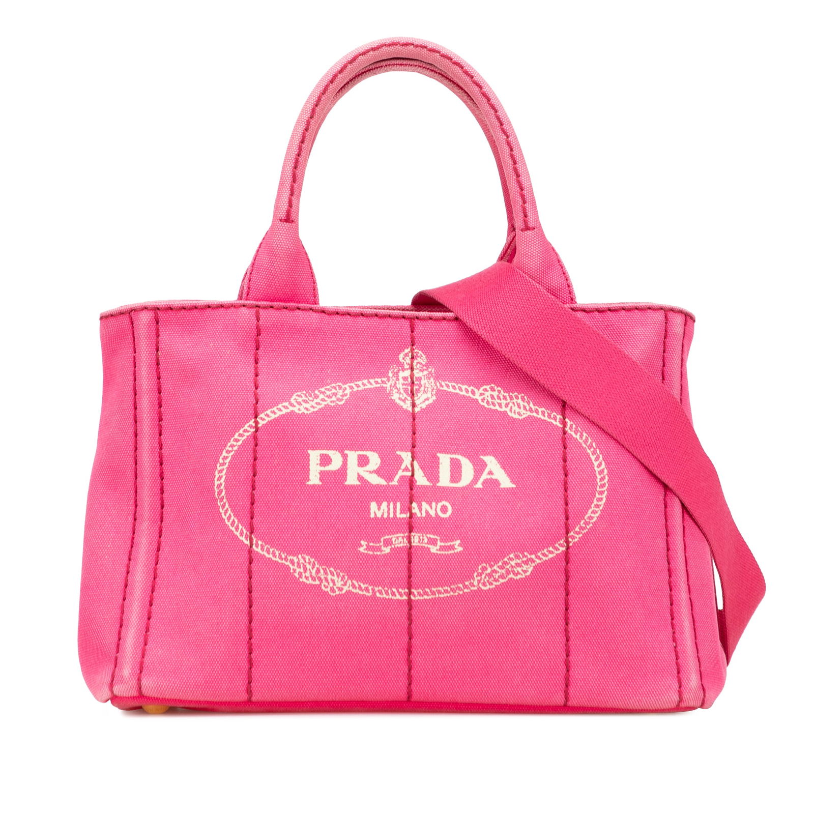 Prada Pink Small Canvas Canapa Logo Satchel with Detachable Strap: Prada Pink Small Canvas Canapa Logo Satchel with Detachable Strap Introducing the Prada Small Canvas Canapa Logo Satchel, a stylish and functional accessory perfect for everyday use. This satchel is c