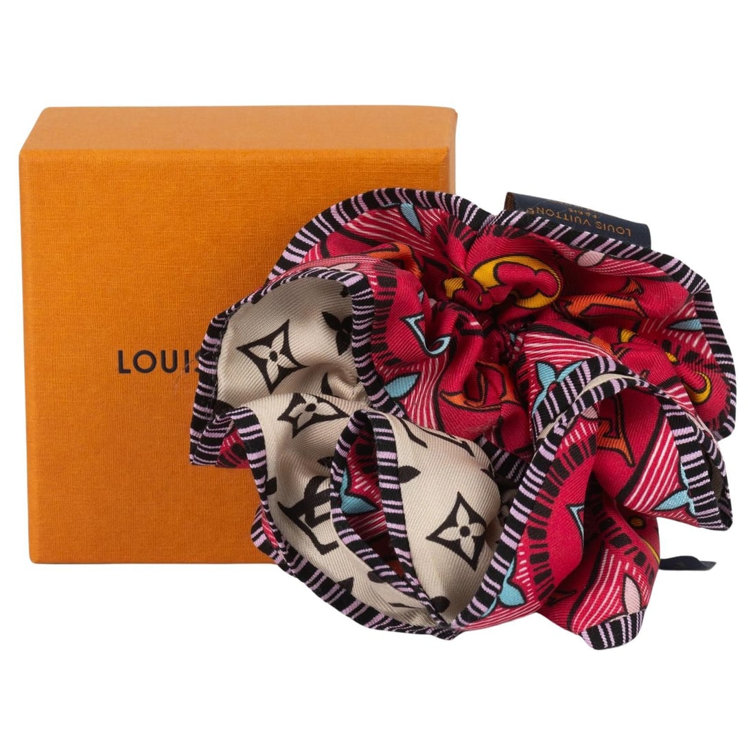 Louis Vuitton Coral Black Silk Scrunchie with Box: Louis Vuitton Coral Black Silk Scrunchie with Box Elevate your style with this luxurious Louis Vuitton Silk Scrunchie, featuring a vibrant coral, black, and cream logo design. Perfectly sized at 4.5 i
