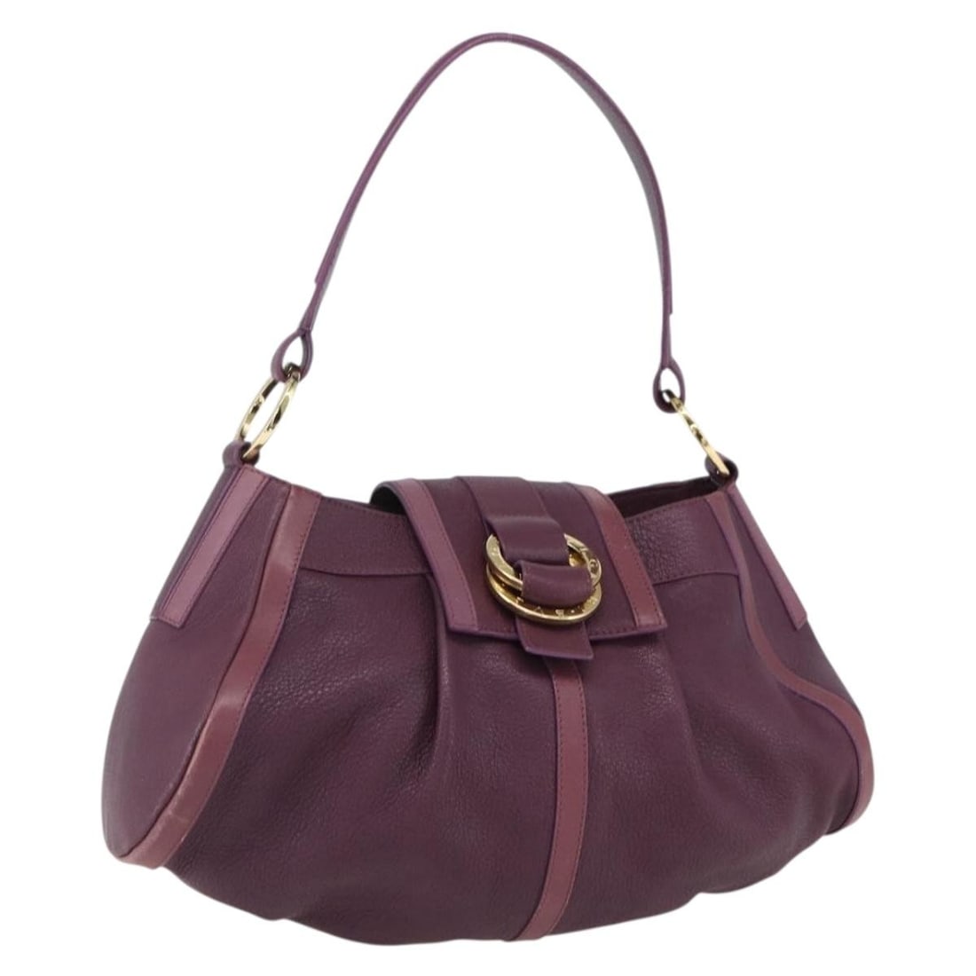 Chandra Purple Leather Shoulder Bag by BVLGARI with Gold Accents: Chandra Purple Leather Shoulder Bag by BVLGARI with Gold Accents This BVLGARI Chandra shoulder bag features a purple and gold leather exterior with a structured silhouette. Designed for everyday elega