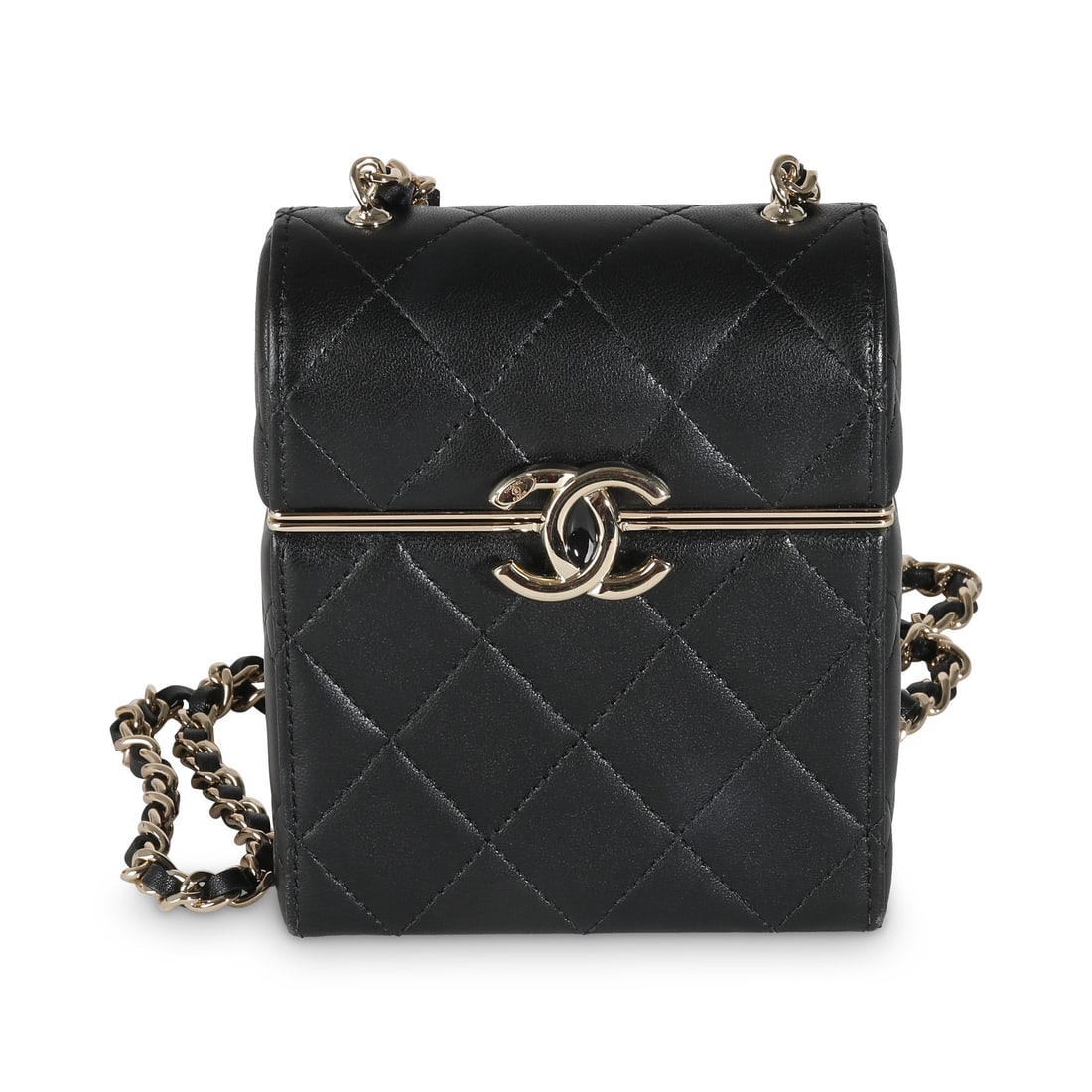 Chanel 23C Black Quilted Lambskin Box Chain Vanity Clutch with Authenticity Card: Chanel 23C Black Quilted Lambskin Box Chain Vanity Clutch with Authenticity Card Elevate your accessory collection with the Chanel 23C Black Quilted Lambskin Box Chain Vanity. This elegant mini clutch