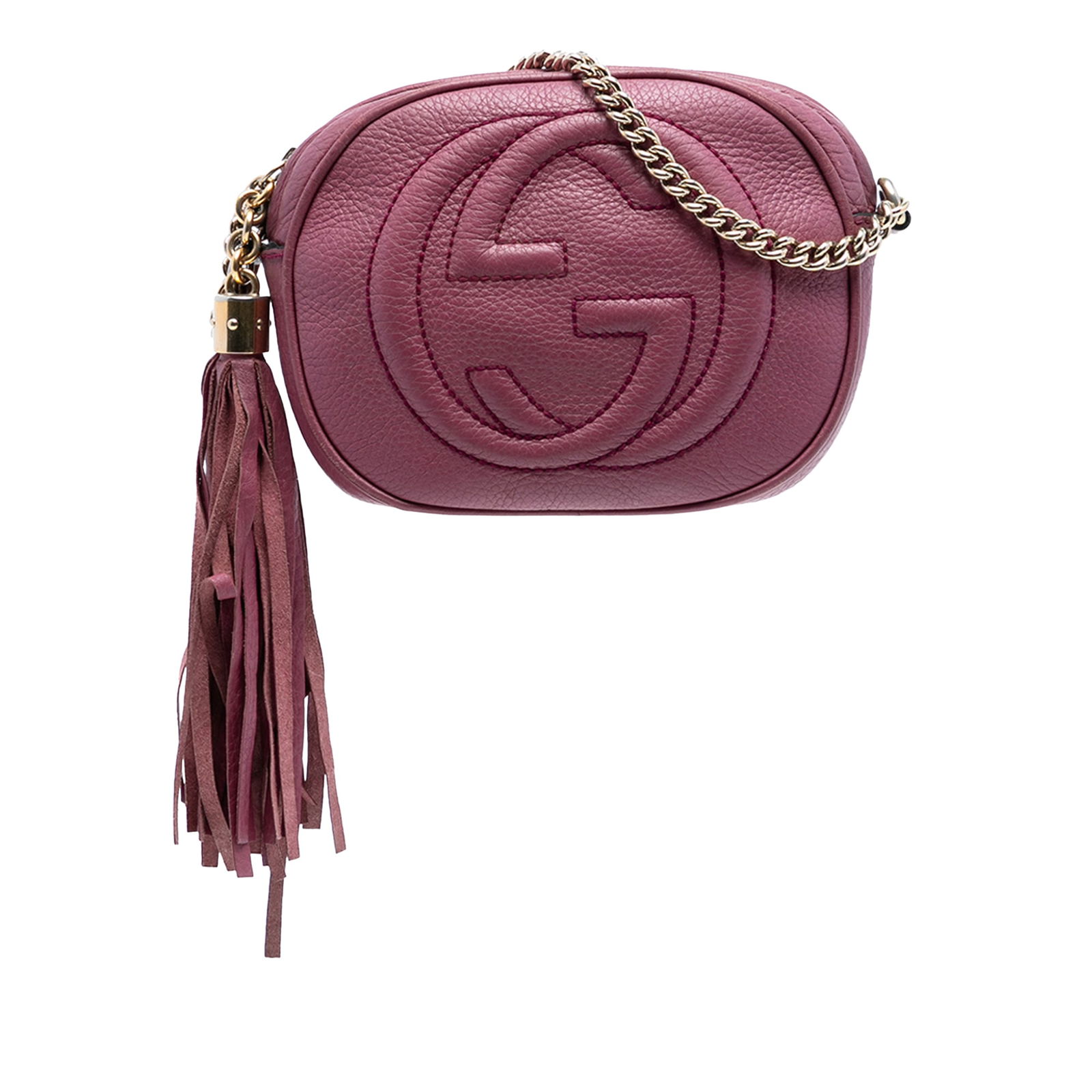 Gucci Soho Mini Pink Leather Crossbody with Tassel and Chain Strap: Gucci Soho Mini Pink Leather Crossbody with Tassel and Chain Strap This Gucci Mini Pebbled Calfskin Soho Chain Crossbody features a pink leather body with a signature tassel detail, a chain link shoul