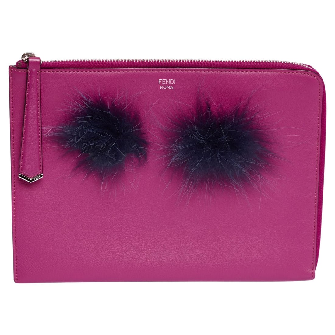 Fendi Fuchsia Leather Monster Clutch with Faux Fur Eyes: Fendi Fuchsia Leather Monster Clutch with Faux Fur Eyes Introducing the Fendi Fuchsia Leather Monster Clutch, a stunning piece from the iconic Monster Collection. This designer clutch features a vibra