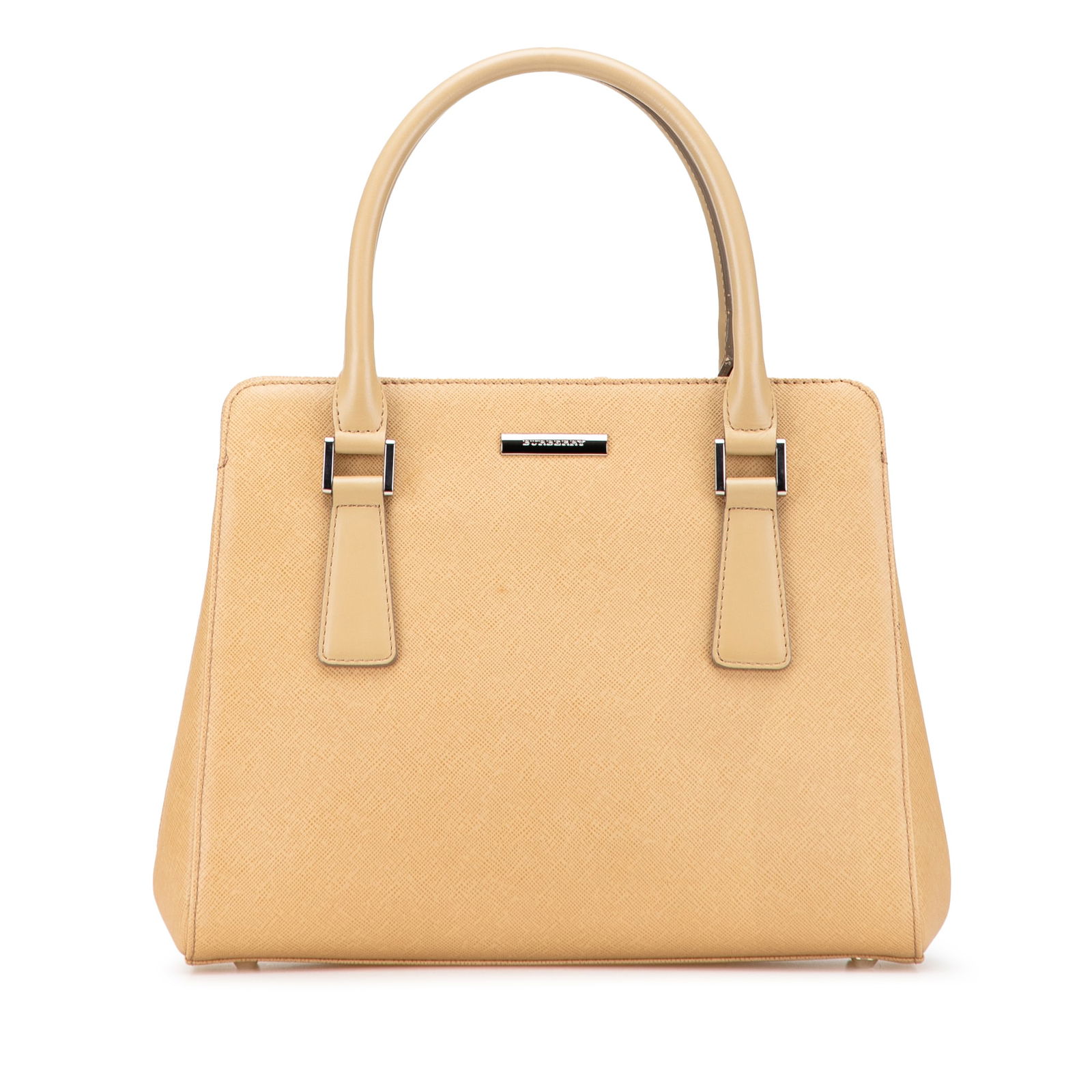 Burberry Brown Leather Handbag with Rolled Handles: Burberry Brown Leather Handbag with Rolled Handles Elevate your accessory collection with this stylish Burberry Leather Handbag. Crafted from high-quality leather, this handbag features rolled leather