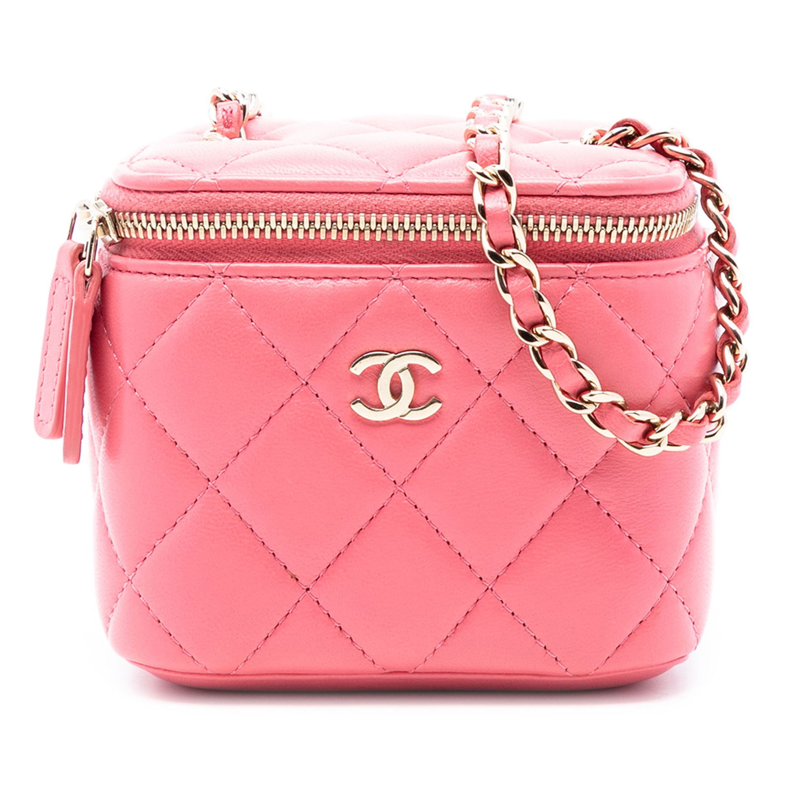 Chanel Mini Vanity Bag Quilted Pink Lambskin with Top Handle and Chain Strap: Chanel Mini Vanity Bag Quilted Pink Lambskin with Top Handle and Chain Strap This Chanel Mini Quilted Lambskin Top Handle Vanity Case features a pink quilted lambskin leather exterior, a top handle, a