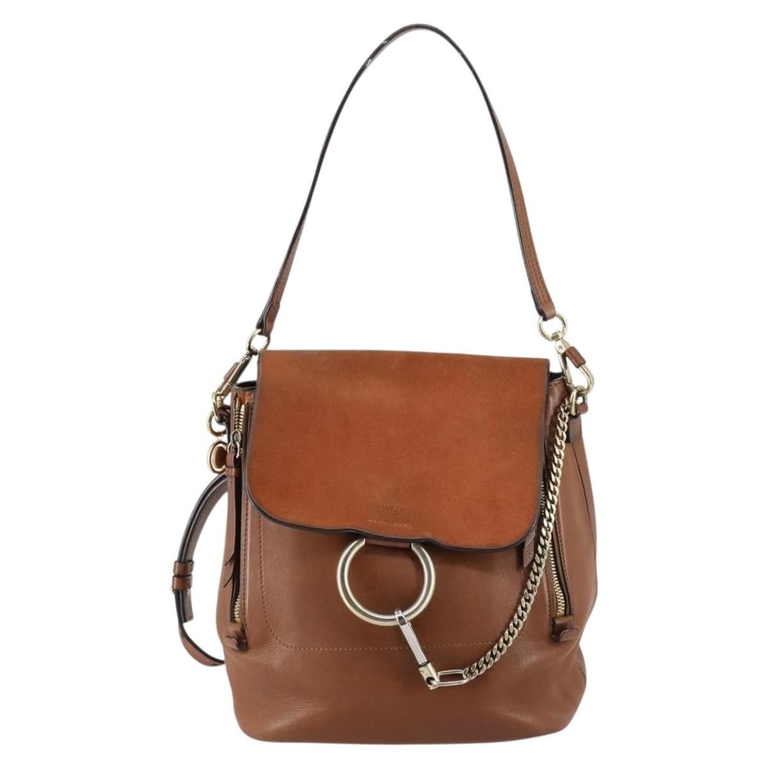 Chloe Faye Brown Suede and Leather Backpack for Women: Chloe Faye Brown Suede and Leather Backpack for Women The Chloe Faye Backpack is crafted from brown suede, offering a stylish and functional accessory designed for women. This pre-owned backpack displ