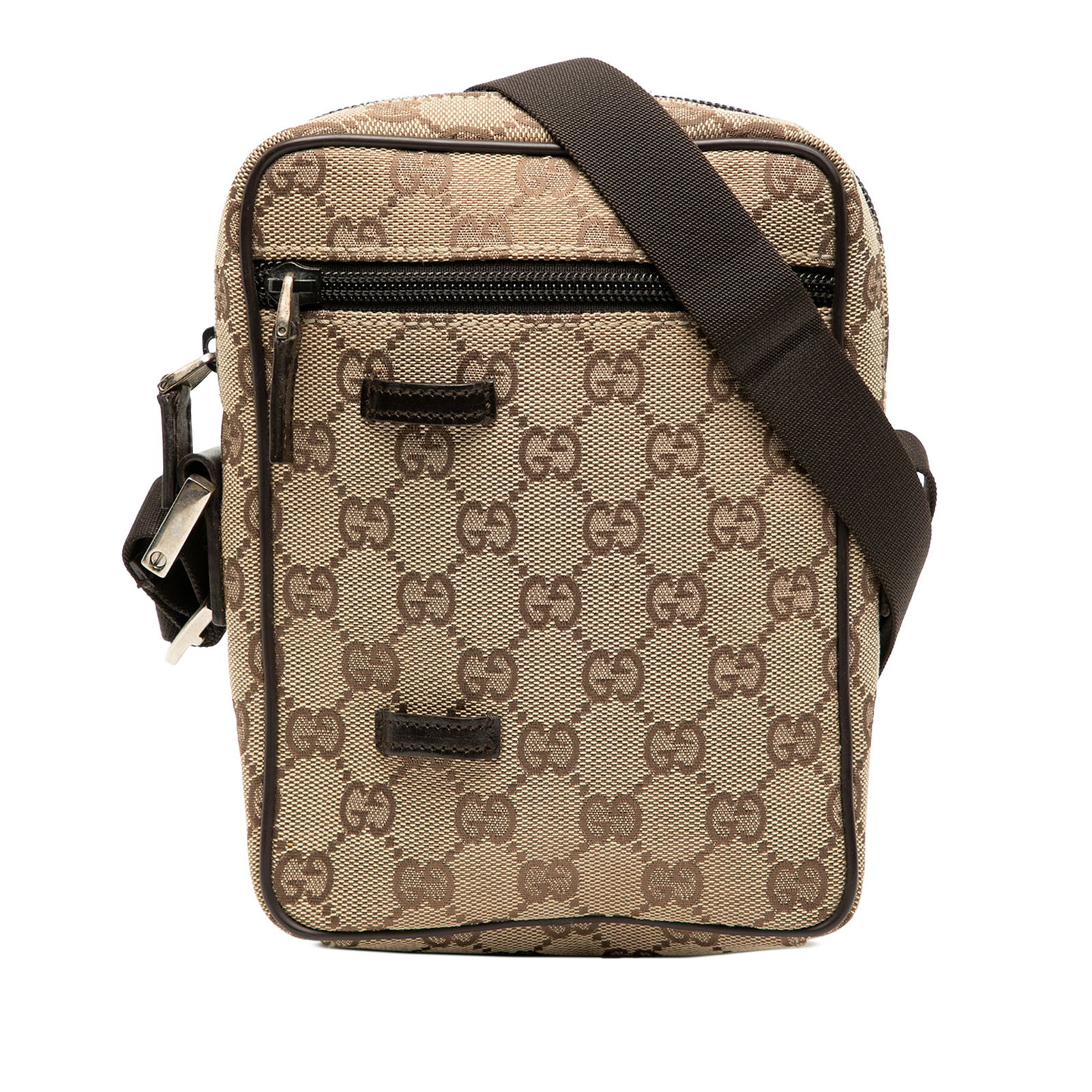Brown Gucci GG Canvas Crossbody Bag with Adjustable Strap and Leather Trim: Brown Gucci GG Canvas Crossbody Bag with Adjustable Strap and Leather Trim This Gucci GG Canvas Crossbody bag features a durable canvas body with leather trim, an adjustable flat strap, a top zip clos