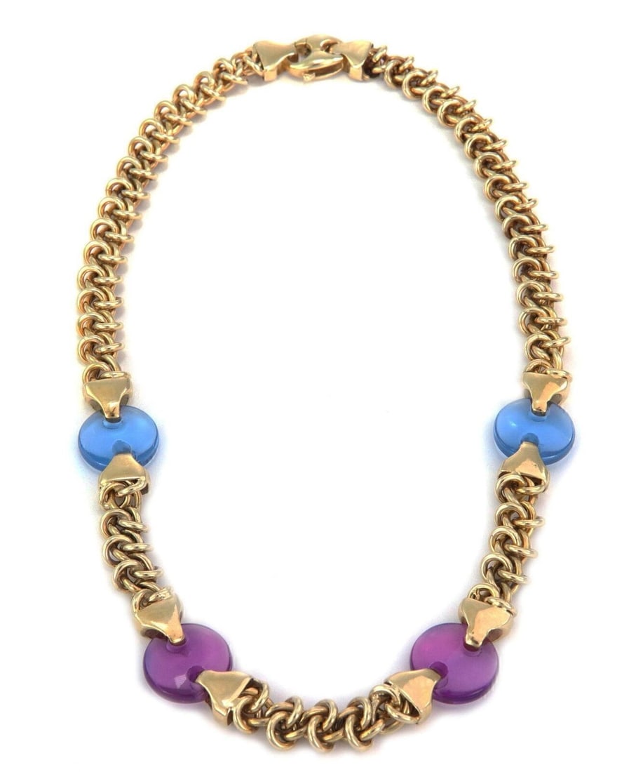 Vintage Necklace With Pink Blue Acrylic Button and 14k Gold Woven Chain: Vintage Necklace With Pink Blue Acrylic Button and 14k Gold Woven Chain This vintage charm necklace features a pink and blue translucent acrylic button motif accented with 14k yellow gold. The woven d