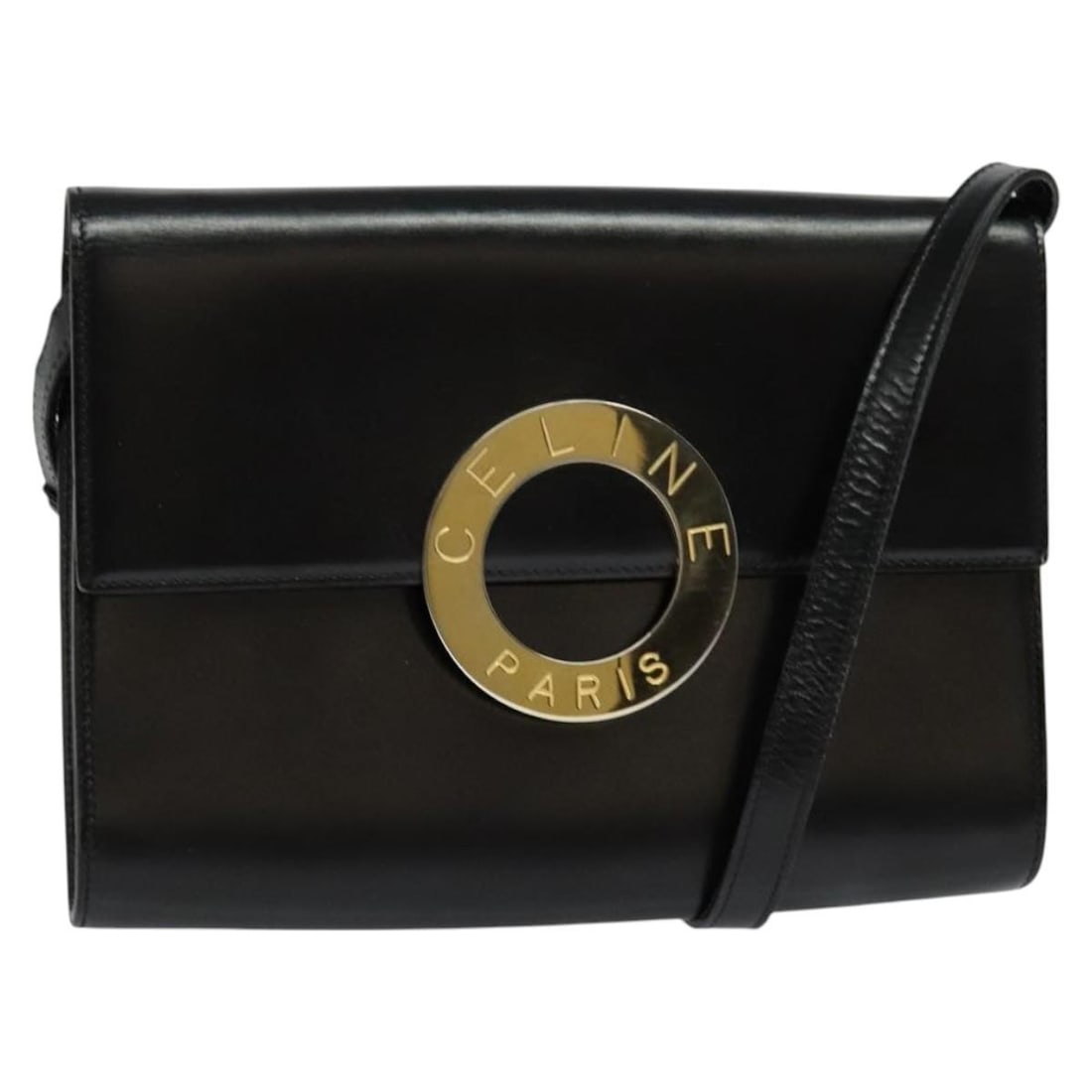 Vintage Celine Leather Crossbody Bag Black Circle Logo: Vintage Celine Leather Crossbody Bag Black Circle Logo This vintage Celine Circle Logo crossbody bag is crafted from black leather and designed for women. It features a compact silhouette with a cross