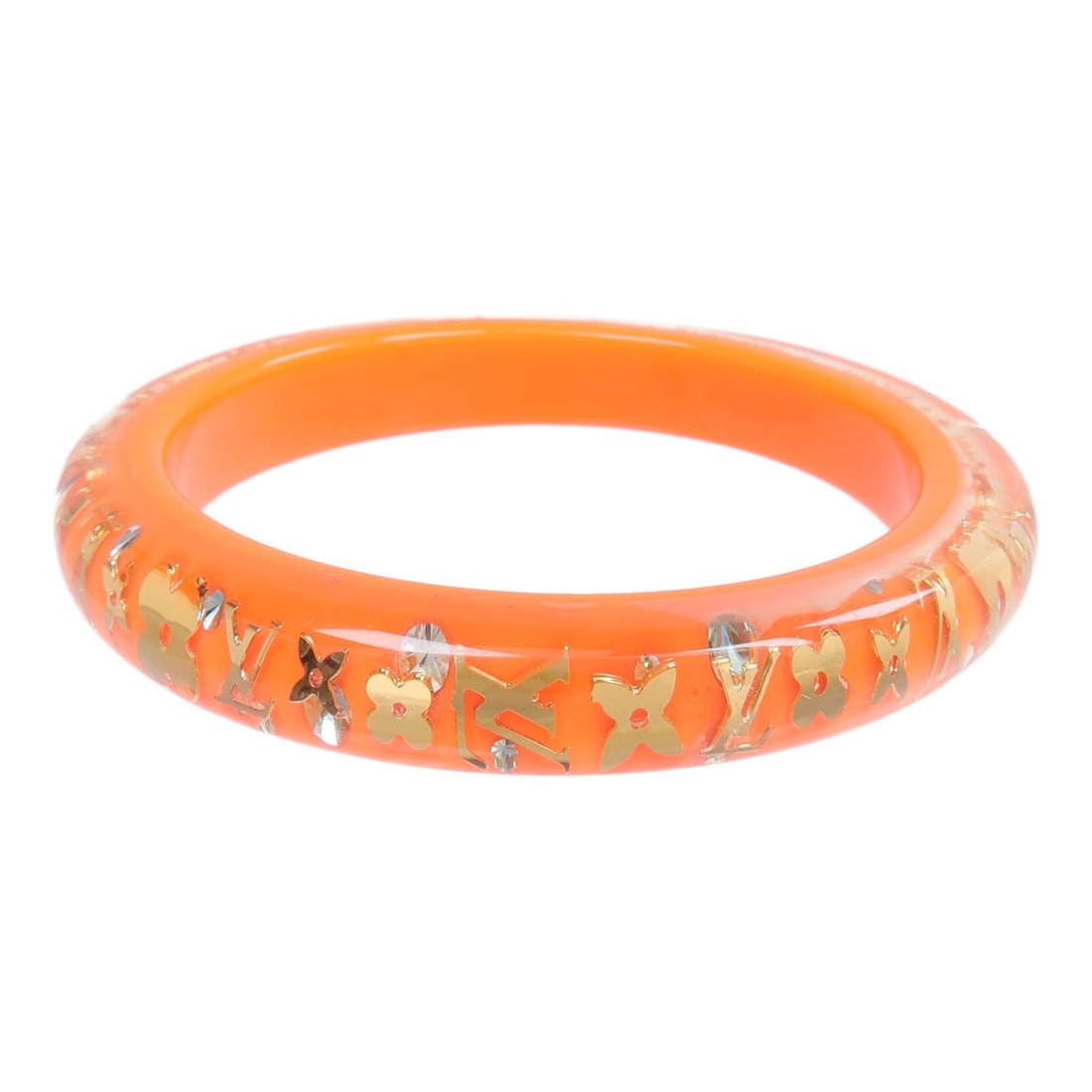 Louis Vuitton Inclusion Orange PVC Bangle Bracelet: Louis Vuitton Inclusion Orange PVC Bangle Bracelet This Louis Vuitton Inclusion bangle bracelet features a vibrant orange color and is crafted from durable PVC. The design is free of any stones and hi