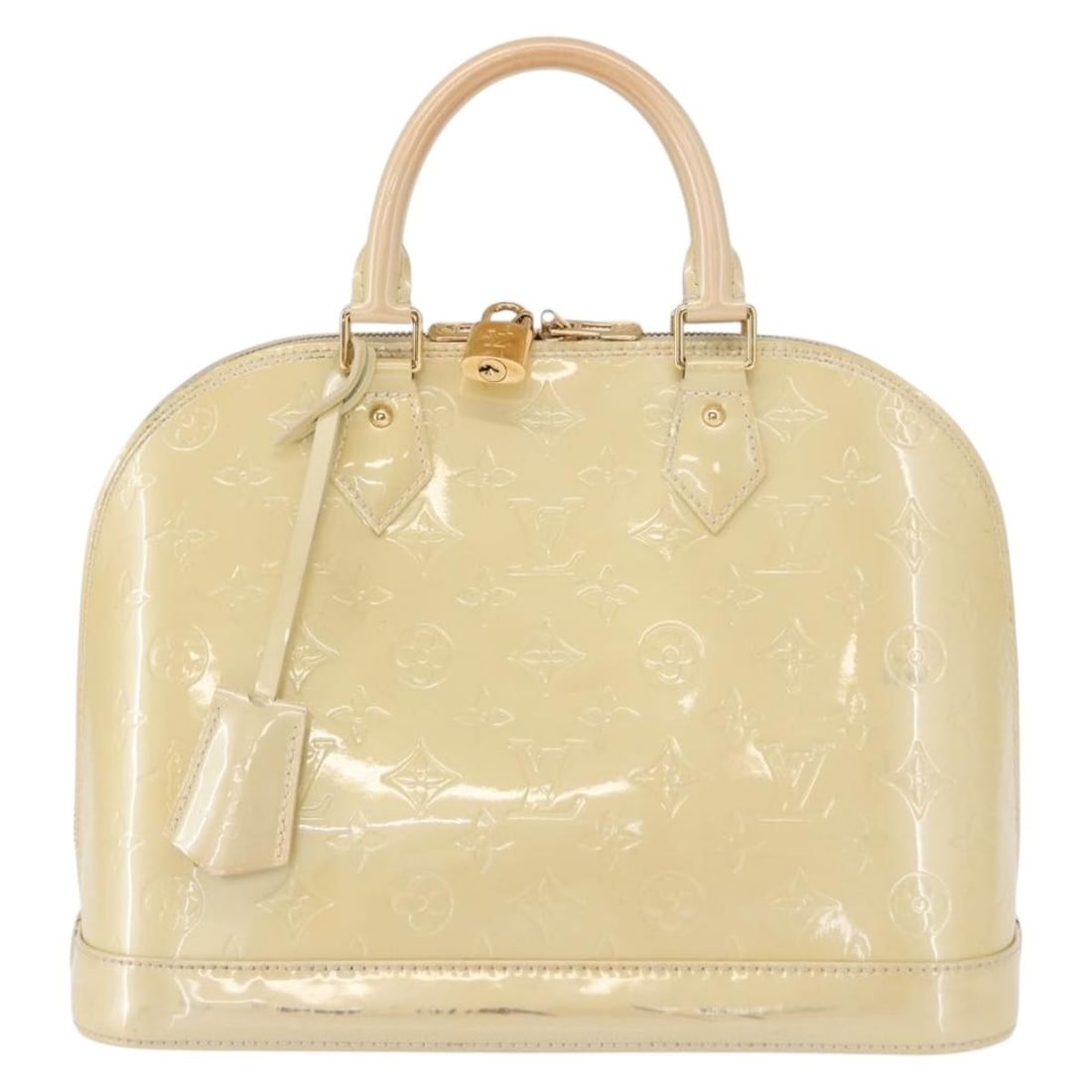 Alma Monogram Vernis Beige Patent Leather Handbag by Louis Vuitton: Alma Monogram Vernis Beige Patent Leather Handbag by Louis Vuitton The Louis Vuitton Alma handbag features the iconic Monogram Vernis design in beige patent leather. Designed for women, this bag is cr