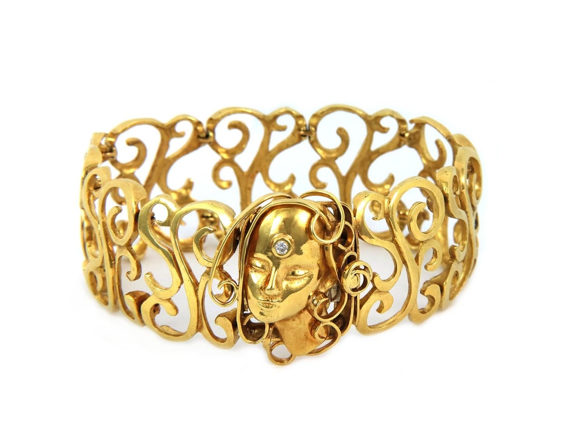 Art Nouveau 18k Yellow Gold Woman Cameo Bracelet with Diamond: Art Nouveau 18k Yellow Gold Woman Cameo Bracelet with Diamond This exquisite Art Nouveau bracelet is a stunning piece of craftsmanship made from 18k yellow gold. It features a unique 25mm wide open sc