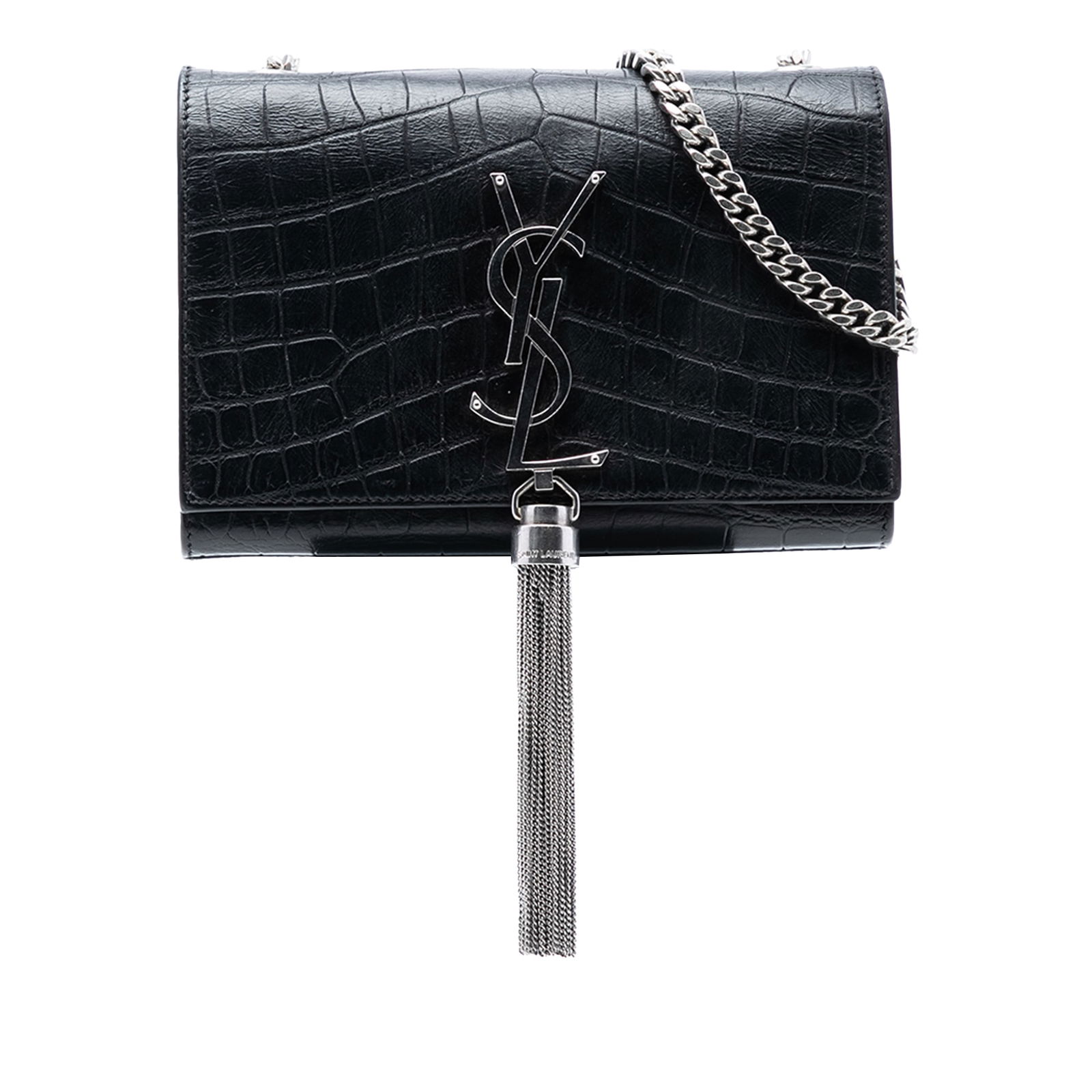 Black Leather Croc Embossed Kate Tassel Crossbody Bag by Saint Laurent: Black Leather Croc Embossed Kate Tassel Crossbody Bag by Saint Laurent This Saint Laurent Small Croc Embossed Leather Monogram Kate Tassel Crossbody features a black leather body with a crocodile-embo