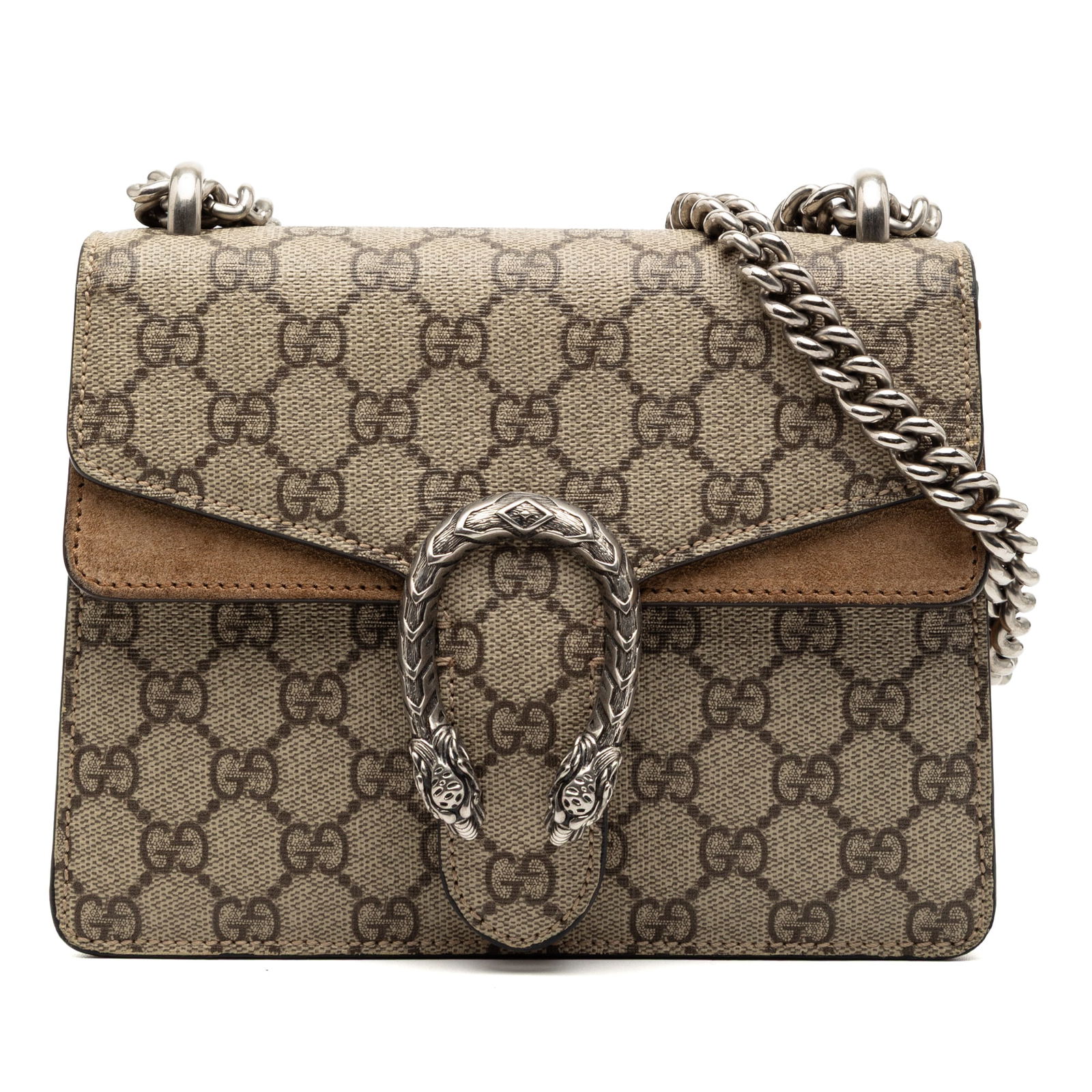 Gucci Dionysus Small GG Supreme Canvas Crossbody Bag with Suede Trim: Gucci Dionysus Small GG Supreme Canvas Crossbody Bag with Suede Trim This Gucci Small GG Supreme Dionysus crossbody bag features a coated canvas body with suede leather trim, a chain link shoulder str
