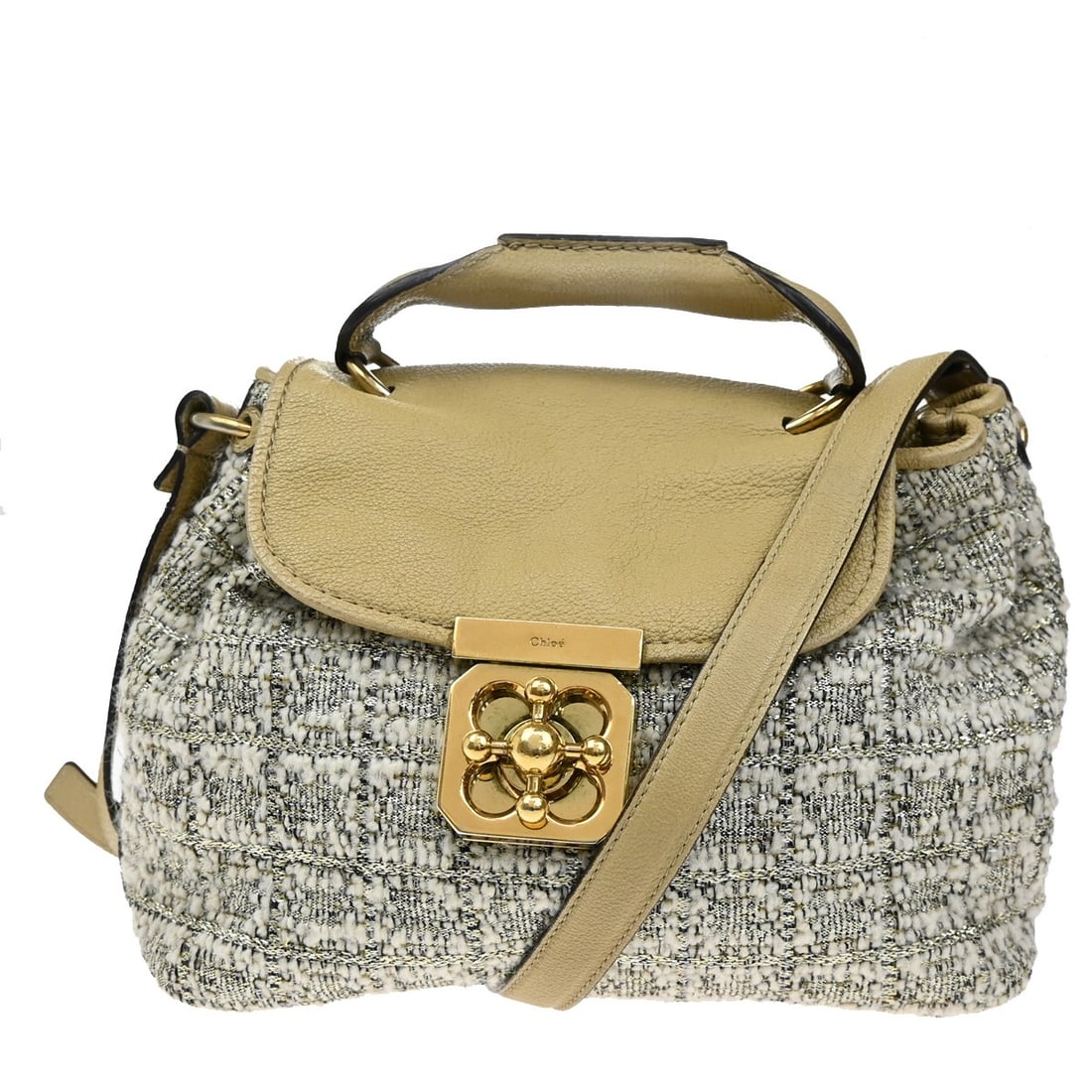 Chloe Elsie Tweed and Leather Shoulder Bag Beige 23cm by 20cm by 10cm: Chloe Elsie Tweed and Leather Shoulder Bag Beige 23cm by 20cm by 10cm The Elsie Shoulder Bag by Chloe is designed for women, featuring a beige tweed exterior and leather accents. This Italian-made bag