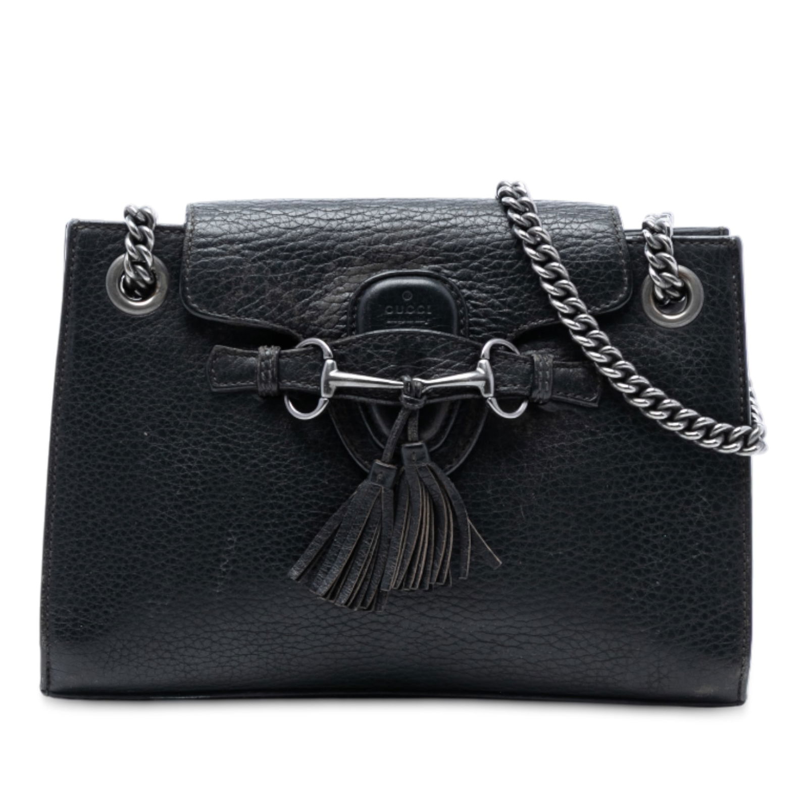 Gucci Emily Shoulder Bag Small Black Leather with Chain Strap: Gucci Emily Shoulder Bag Small Black Leather with Chain Strap This Gucci Small Leather Emily Shoulder Bag features a black leather body with chain link straps and leather shoulder guards. The bag incl