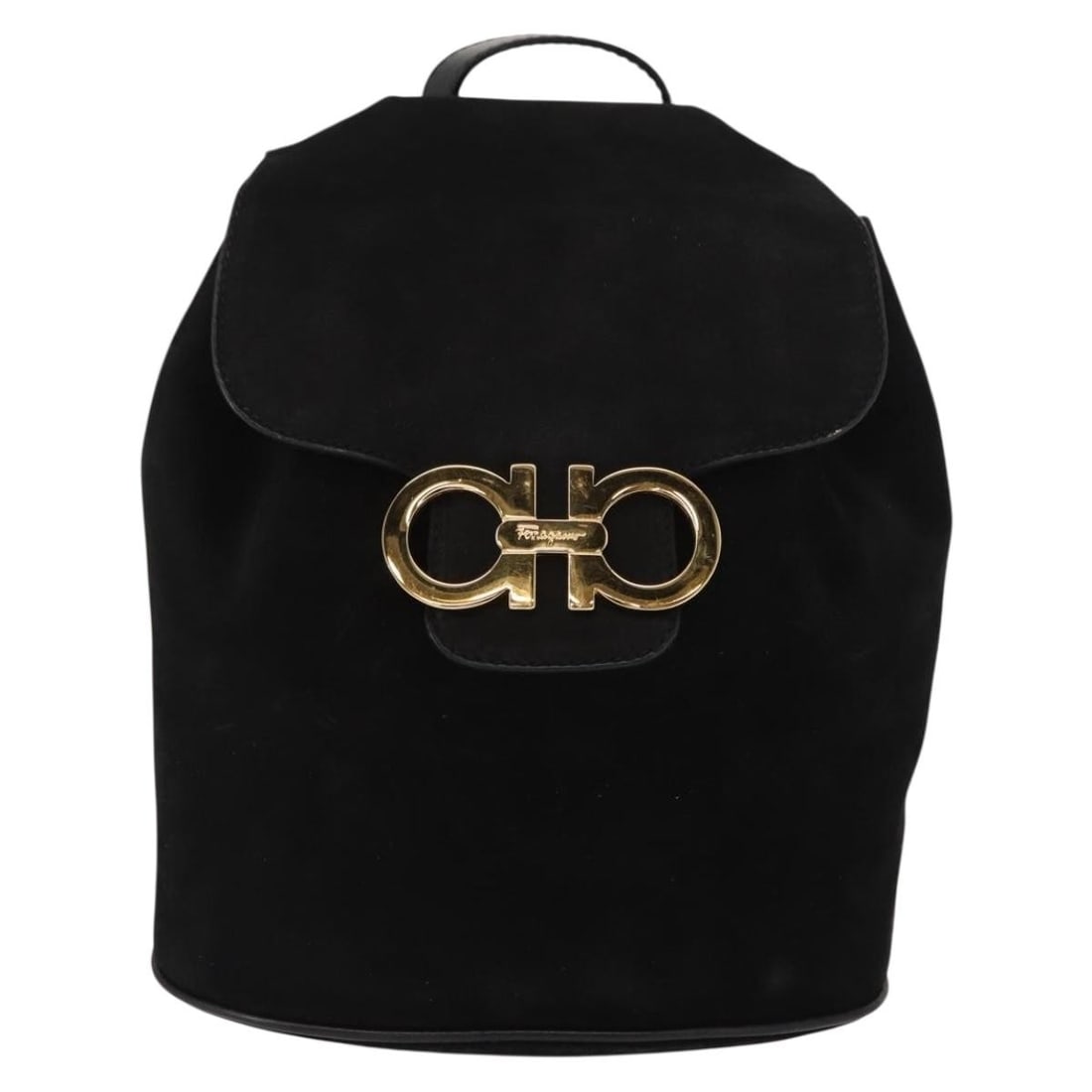 Black Suede Gancini Backpack by Salvatore Ferragamo 19cm x 20cm x 11cm: Black Suede Gancini Backpack by Salvatore Ferragamo 19cm x 20cm x 11cm This Salvatore Ferragamo Gancini Backpack features a black suede exterior and is designed for women. The pre-owned backpack shows