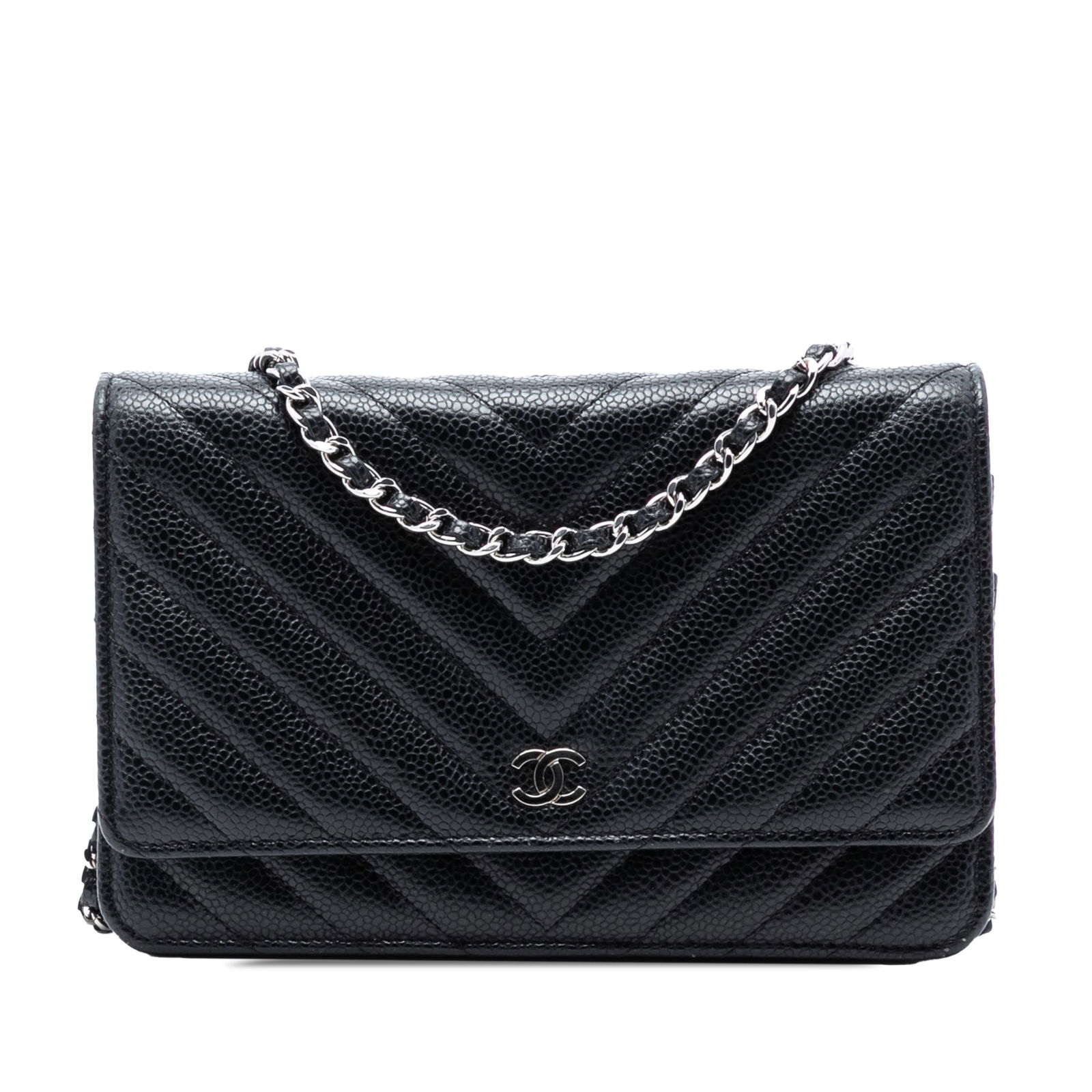 Black Chevron Quilted Caviar Leather Chanel Wallet on Chain Bag: Black Chevron Quilted Caviar Leather Chanel Wallet on Chain Bag This Chanel CC Chevron Caviar Wallet On Chain features a quilted caviar leather exterior in black, a leather-woven chain shoulder strap,