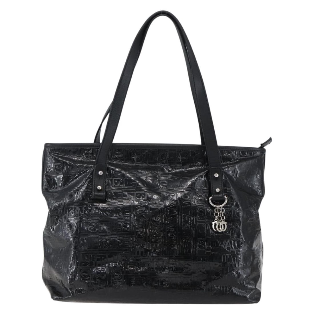 Black Patent Leather Salvatore Ferragamo Gancini Women's Tote 33x24x12cm: Black Patent Leather Salvatore Ferragamo Gancini Women's Tote 33x24x12cm This Salvatore Ferragamo Gancini Tote for women is crafted from black patent leather. The bag features metal fittings and inclu