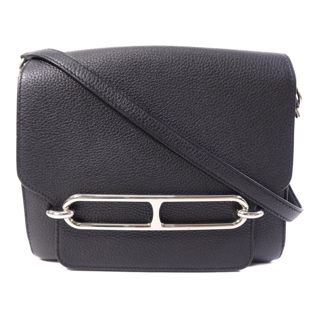 Hermes Roulis 23 Black Clemence Leather Shoulder Bag with Palladium Hardware: Hermes Roulis 23 Black Clemence Leather Shoulder Bag with Palladium Hardware This Hermes Roulis 23 shoulder bag is crafted from Clemence calfskin leather in a classic black shade. The bag features a s