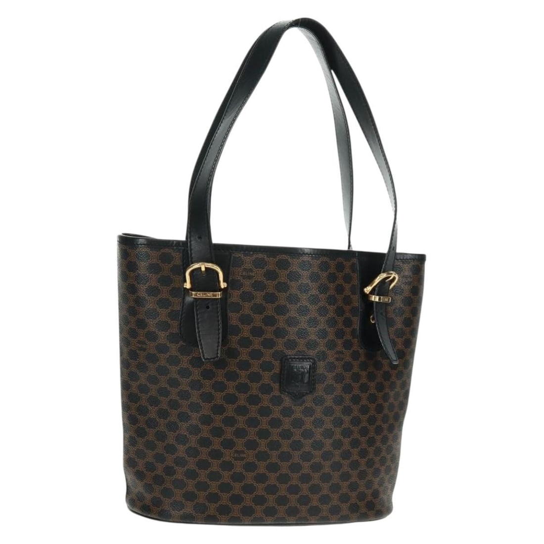 Celine Macadam Black Gold PVC Leather Tote Bag from Italy: Celine Macadam Black Gold PVC Leather Tote Bag from Italy This CELINE Macadam tote bag features a black and gold design crafted from PVC leather and Macadam canvas. The bag is made in Italy and includ