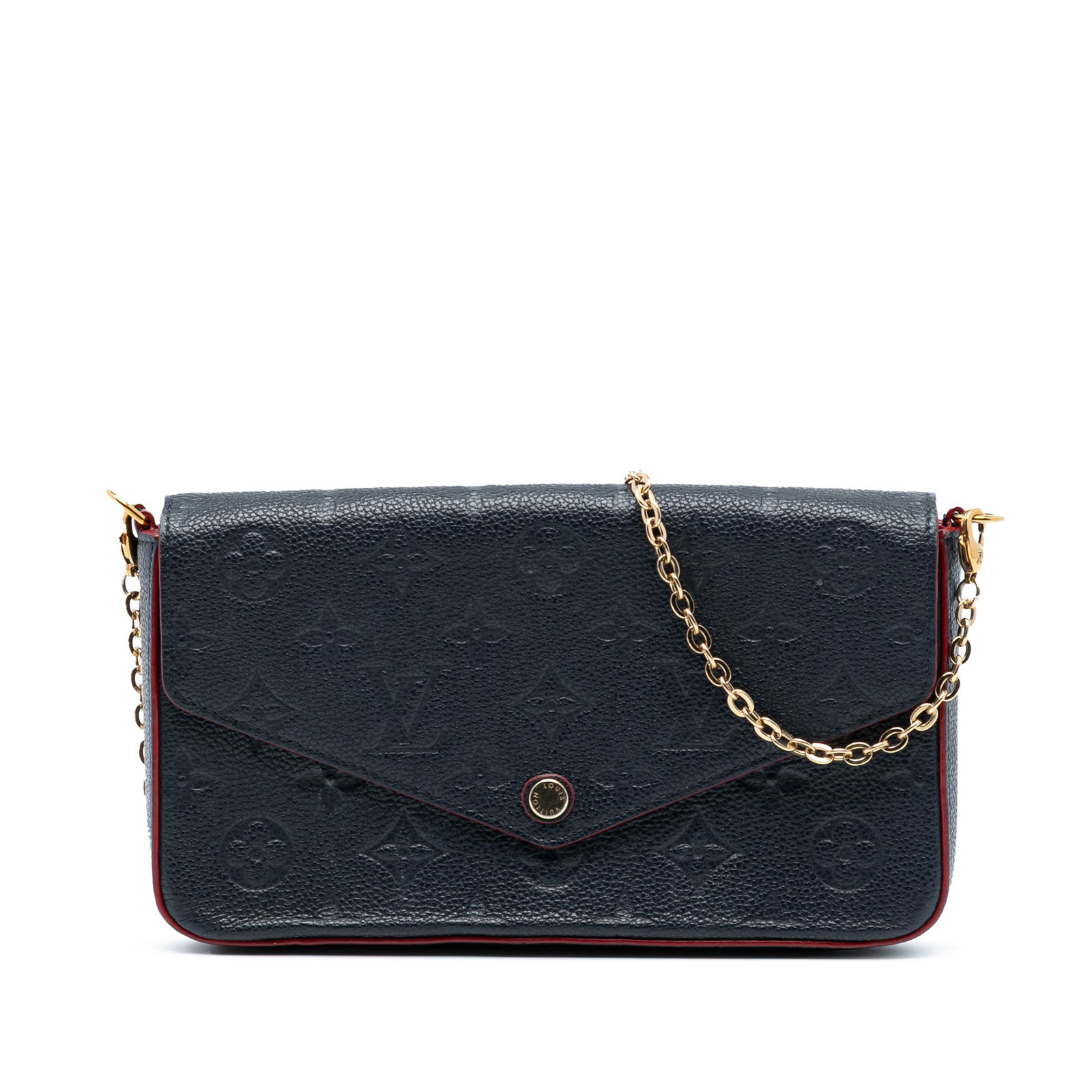 Empreinte Leather Pochette Felicie Shoulder Bag by Louis Vuitton: Empreinte Leather Pochette Felicie Shoulder Bag by Louis Vuitton This Louis Vuitton Monogram Empreinte Pochette Felicie features a blue empreinte leather body, a detachable chain link shoulder strap,