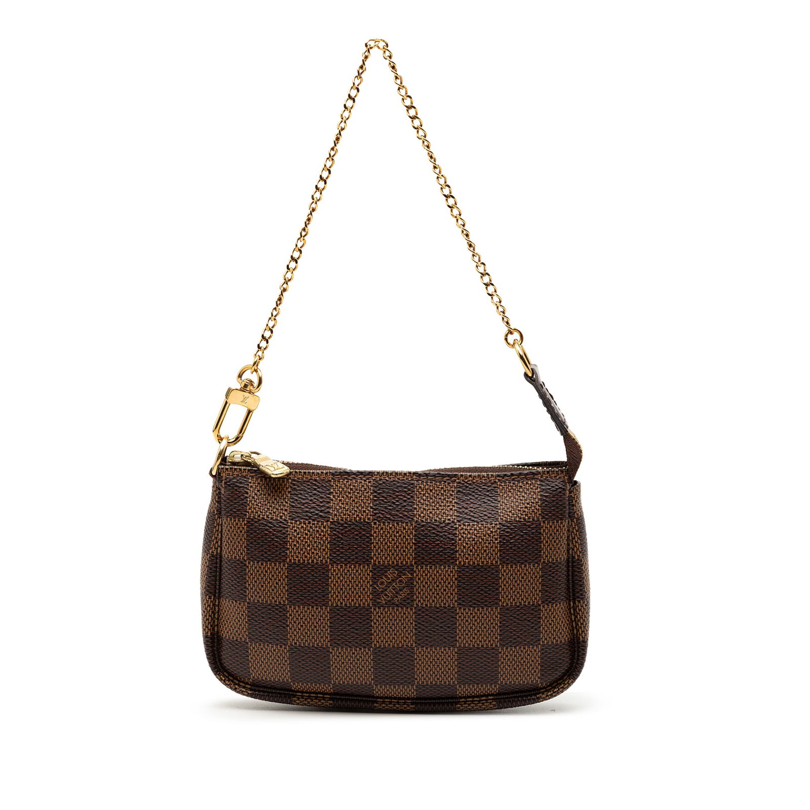 Louis Vuitton Mini Pochette Accessoires in Damier Ebene Canvas with Chain Strap: Louis Vuitton Mini Pochette Accessoires in Damier Ebene Canvas with Chain Strap This Louis Vuitton Damier Ebene Mini Pochette Accessoires showcases the signature Damier Ebene canvas in brown, compleme