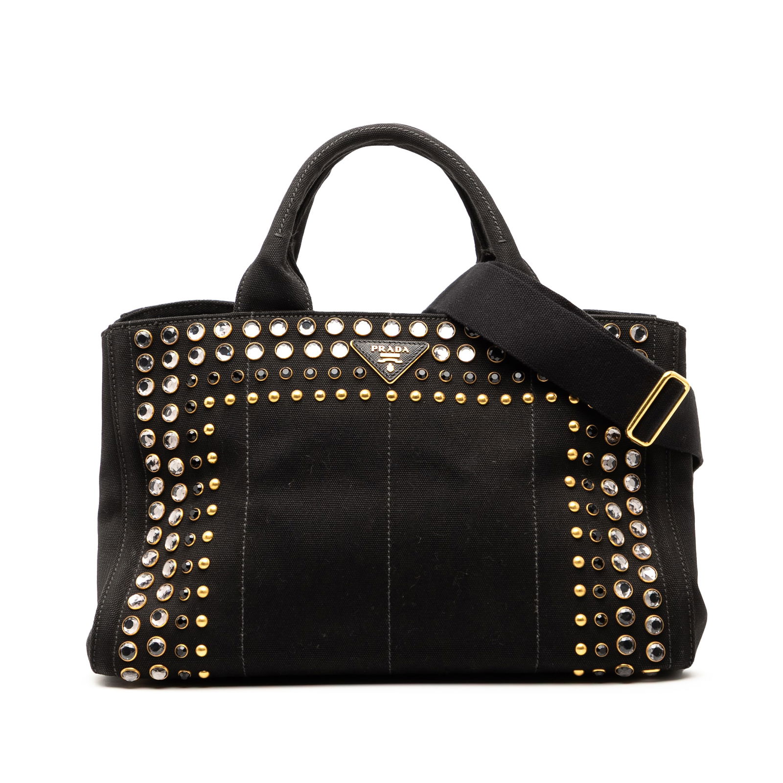 Prada Canapa Bijoux Black Canvas Satchel with Studded Detailing: Prada Canapa Bijoux Black Canvas Satchel with Studded Detailing This Prada Canapa Bijoux Satchel features a studded canvas body, rolled top handles, and a detachable canvas strap. The satchel has an o