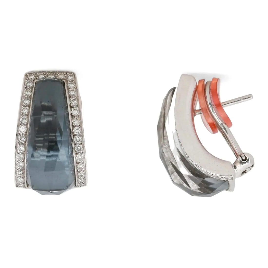 Crystal Haze Diamond Huggie Earrings in 18k White Gold by Stephen Webster: Crystal Haze Diamond Huggie Earrings in 18k White Gold by Stephen Webster These Stephen Webster Crystal Haze earrings feature a striking blend of gray and white tones, highlighted by a large crystal w