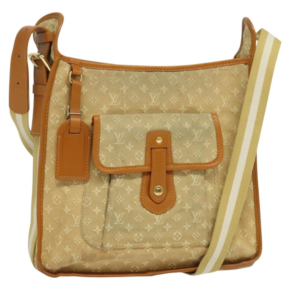 Mini Messenger Bag in Beige Canvas Louis Vuitton Mary Kate: Mini Messenger Bag in Beige Canvas Louis Vuitton Mary Kate The Louis Vuitton Mary Kate Messenger Bag Mini Lin is a beige canvas shoulder bag designed for women. This pre-owned bag features metal fitti